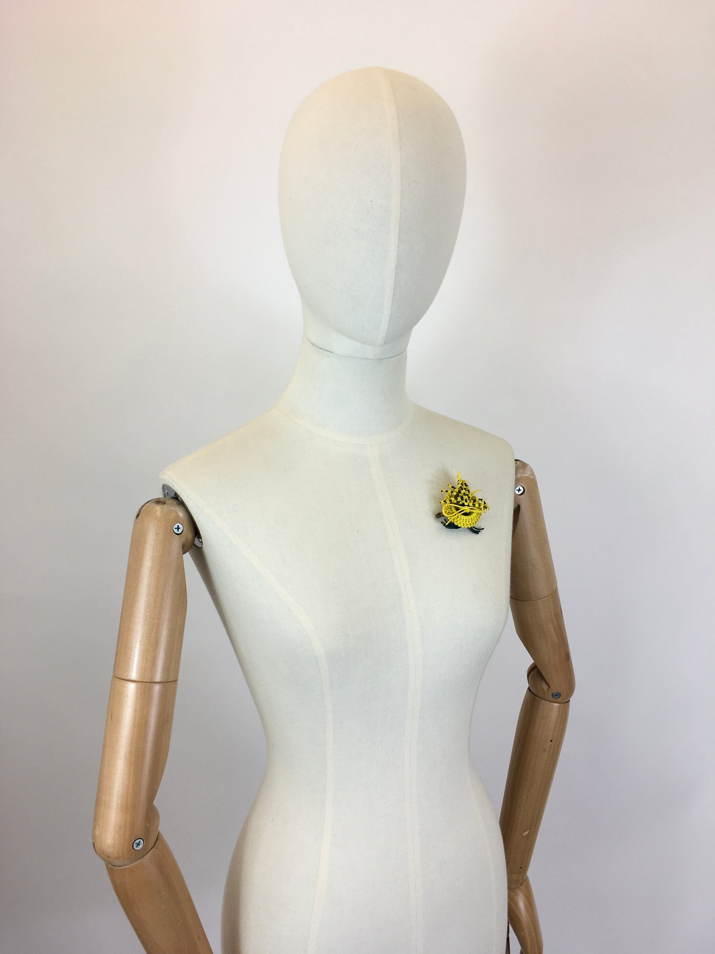 Original 1940's Large Wartime Make Do and Mend Telephone Wire Brooch - In Bottle Green & Sunflower Yellow