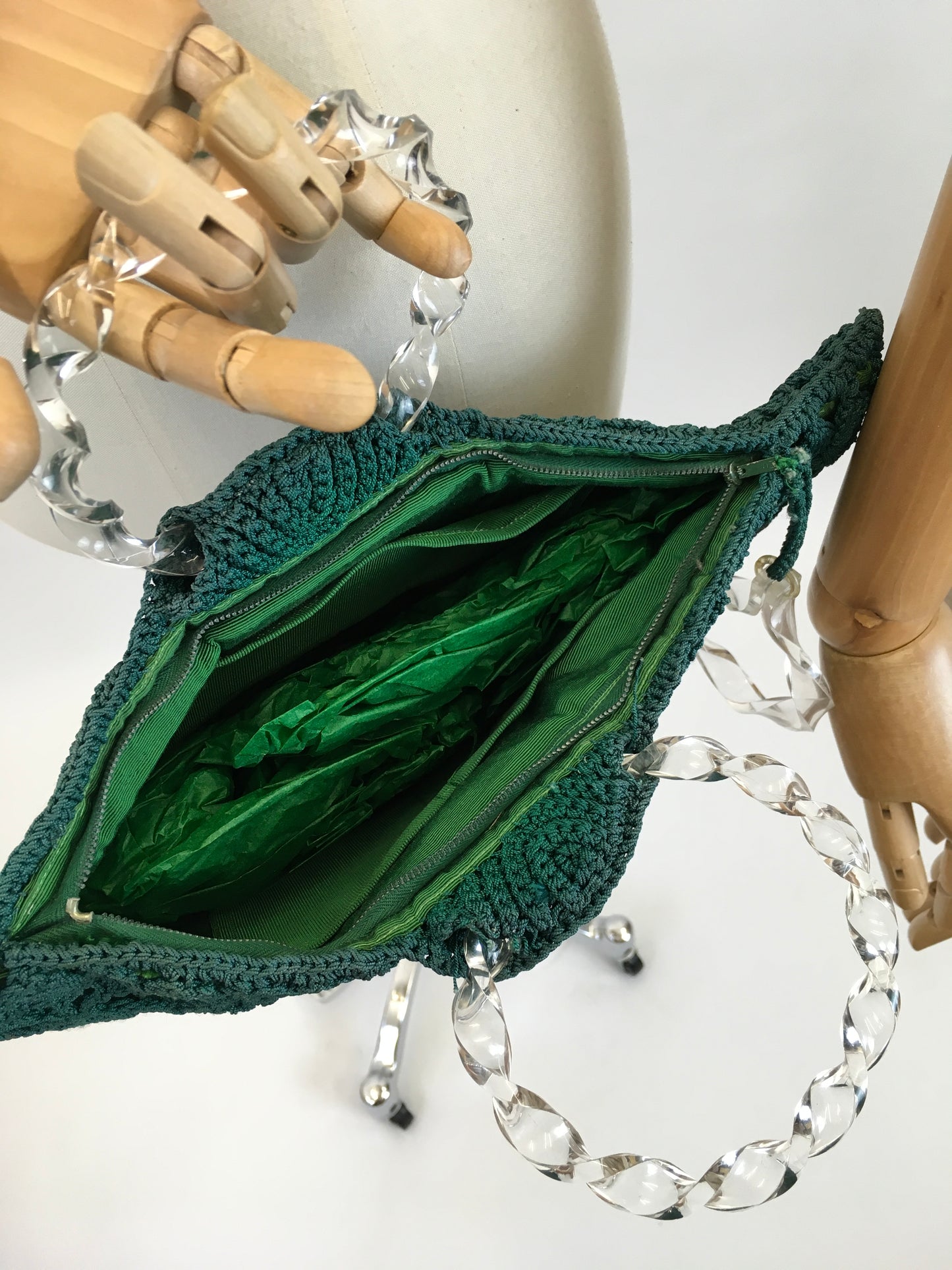 Original 1940's Sensational Crochet and Lucite Fan Handbag - In A Bottle Green