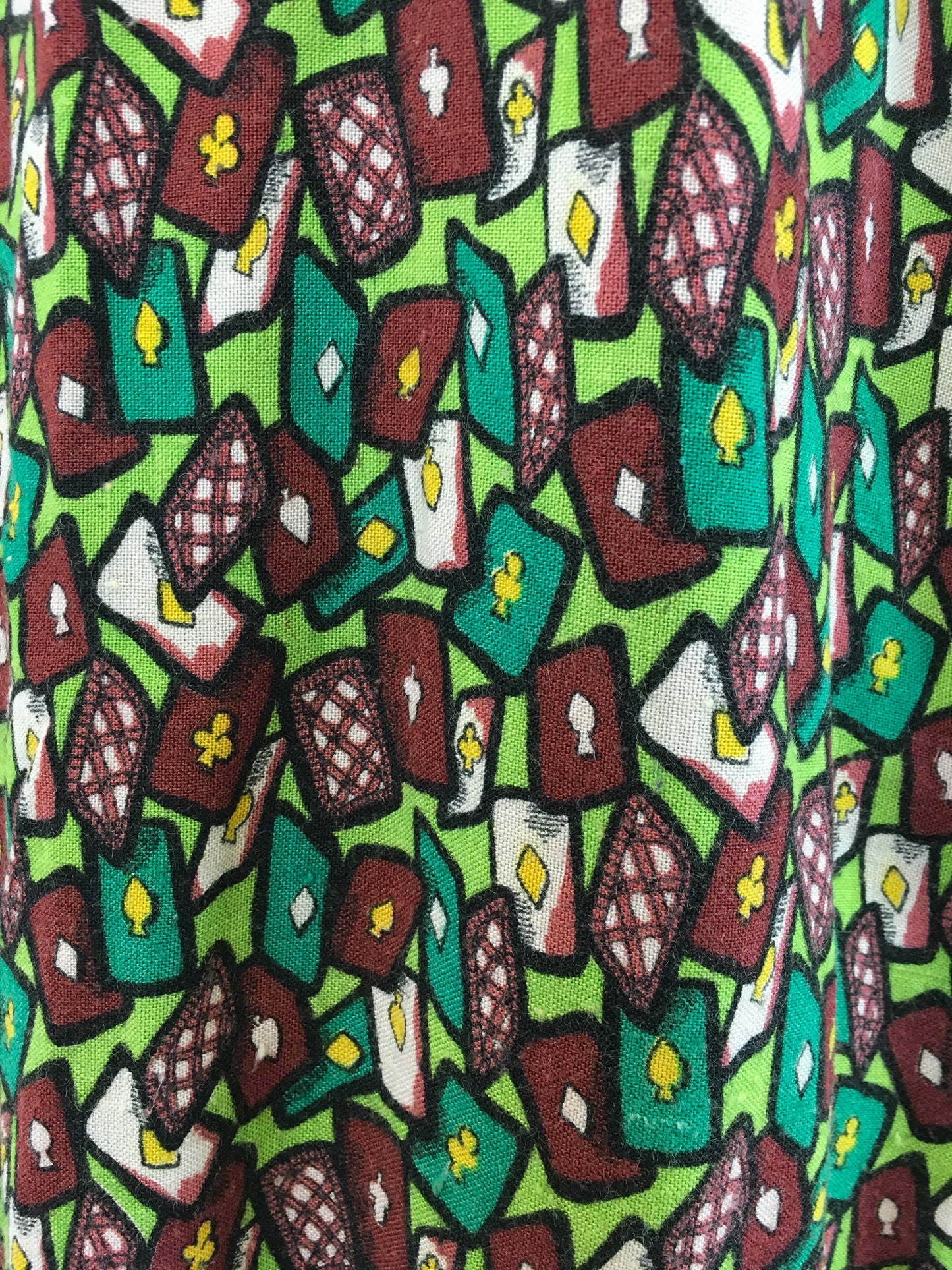 Original 1940's Fabulous Novelty Print ' Playing Cards' Smock - In Chartreuse, Emerald Green, Yellow & Brown