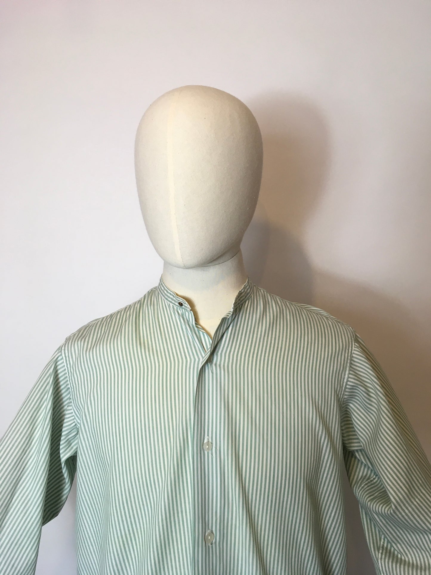 Original Gents Collarless Shirt with Double Cuff - In a Lovely Green and White Stripe