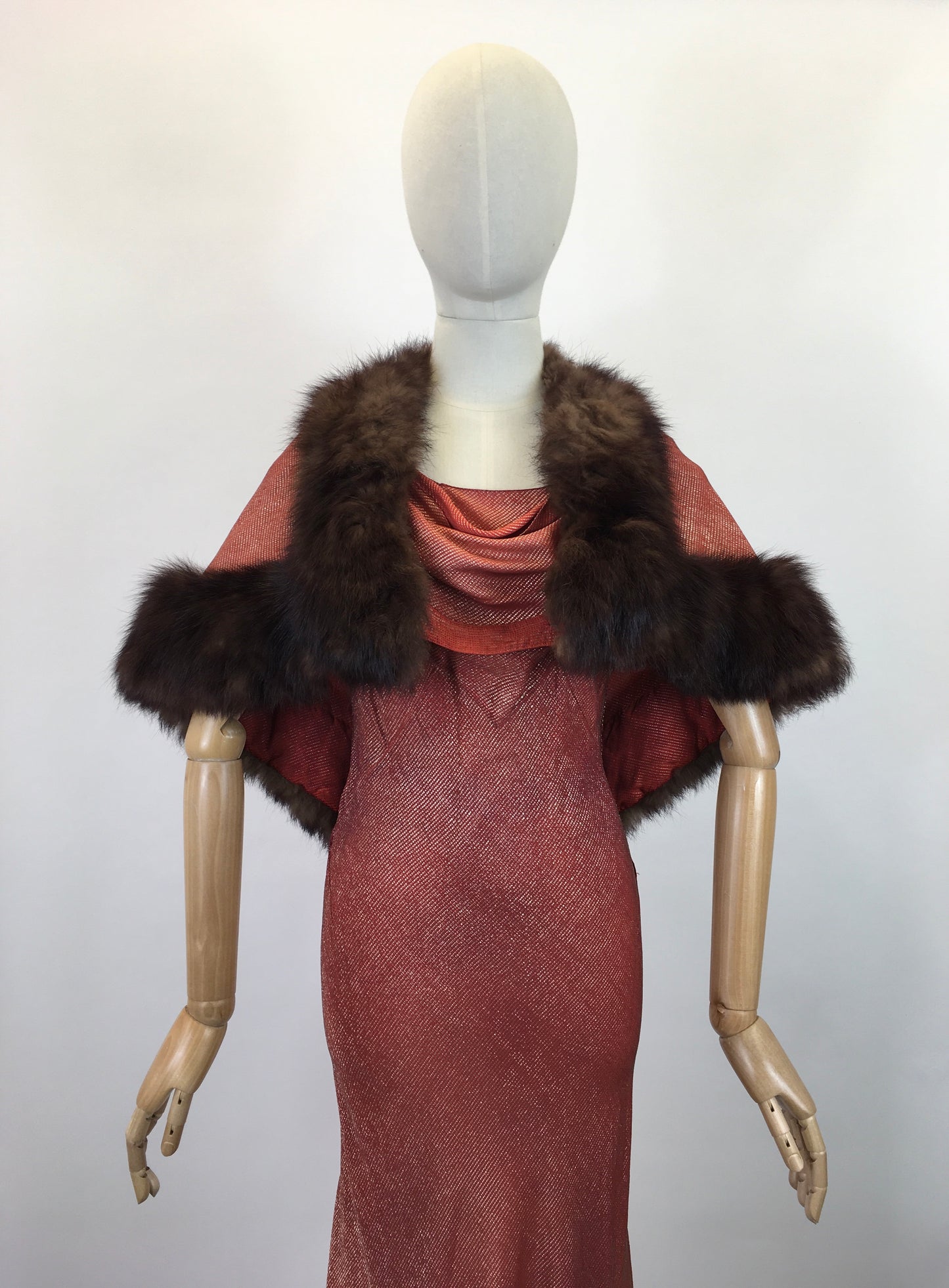 Original SENSATIONAL 1930's Evening Gown with Capelet - In Burnt Orange and Gold Lame with Rabbit Fur Trim