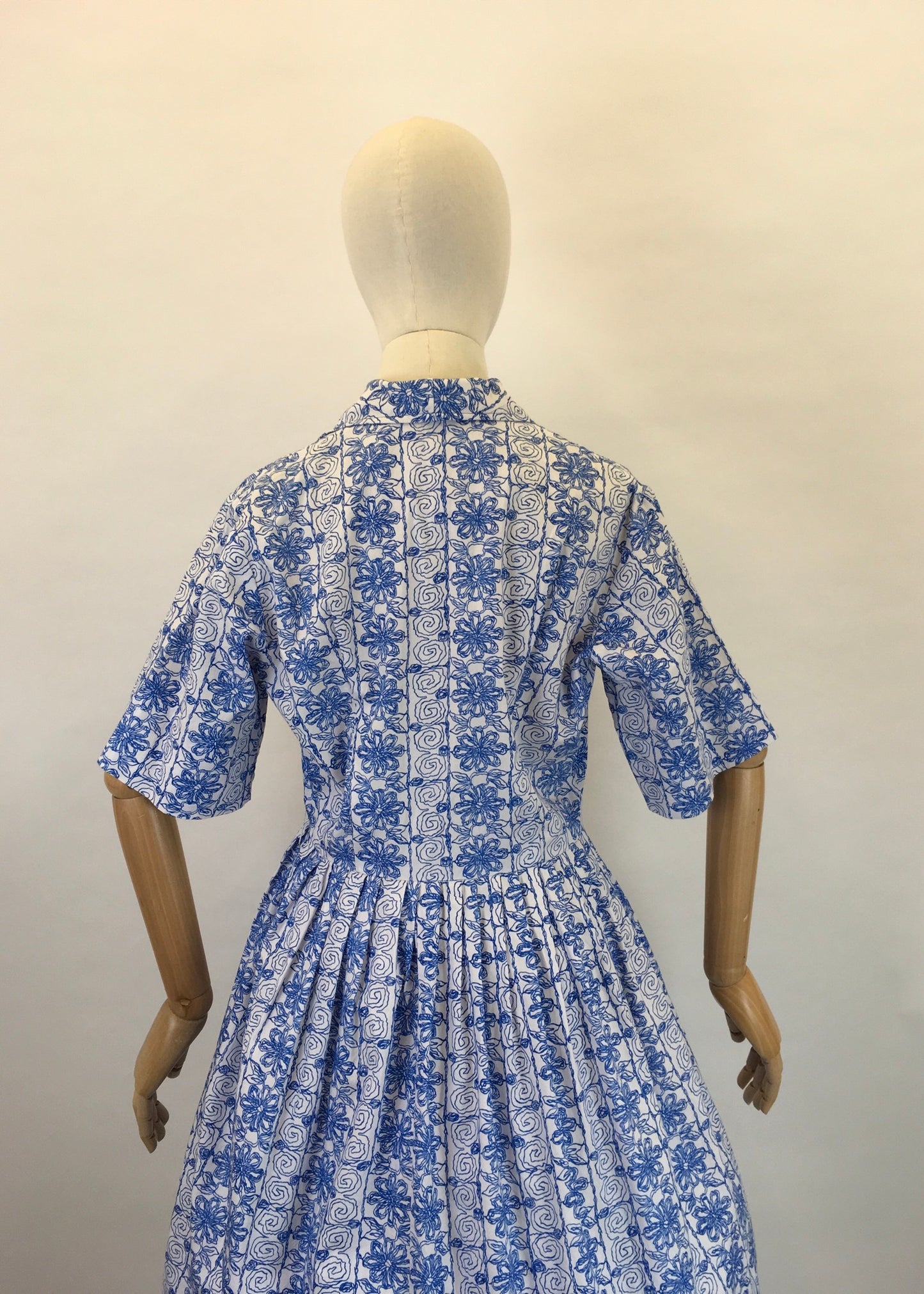 Original 1950s Cotton Day Dress - In a Lovely Cobalt Blue and White Scribble Fabric