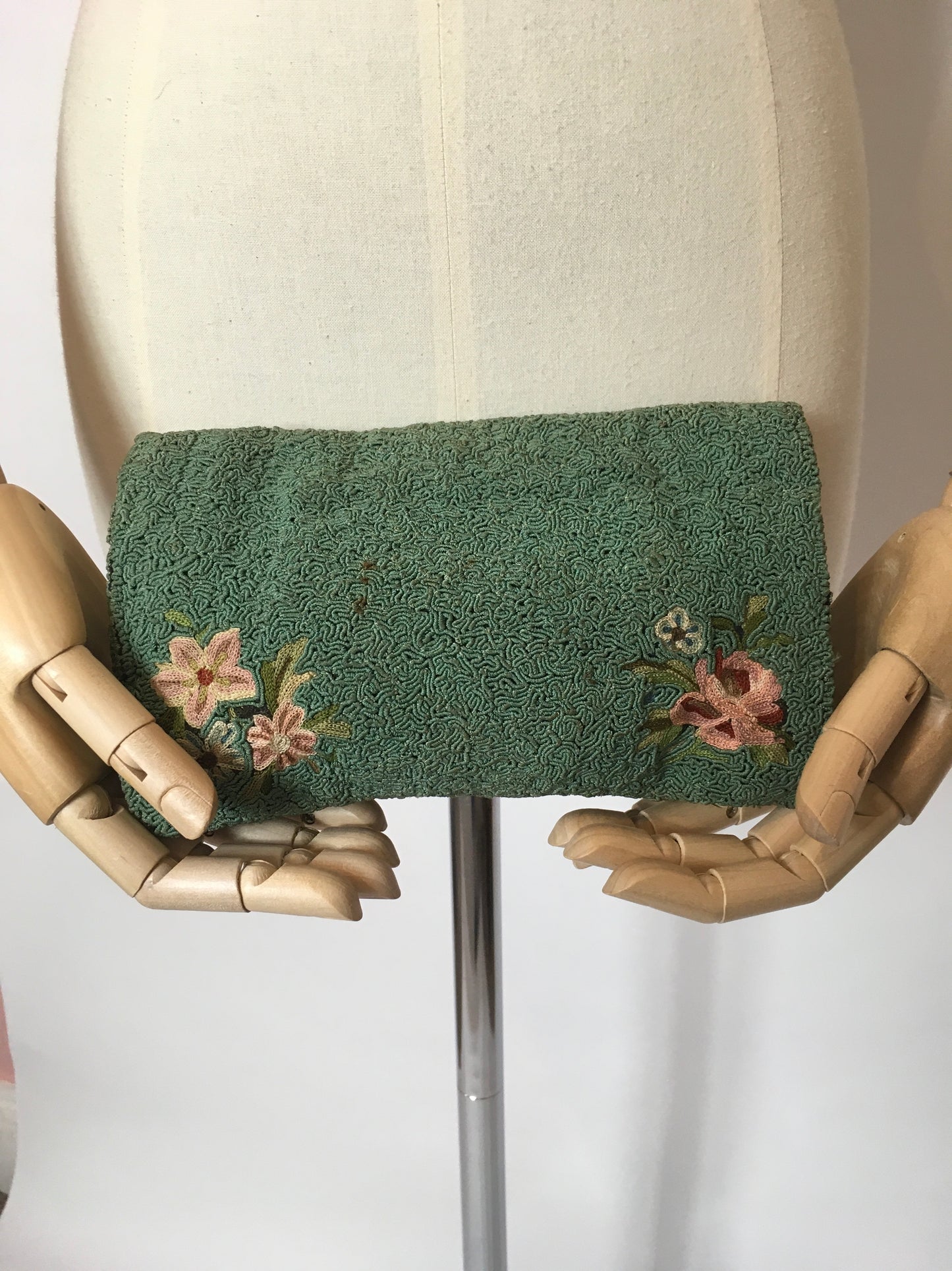 Original Late 1920’s Darling Bag in Eau De Nil Soutache and Pastel Embroidery - Festival of Vintage Fashion Show Exclusive