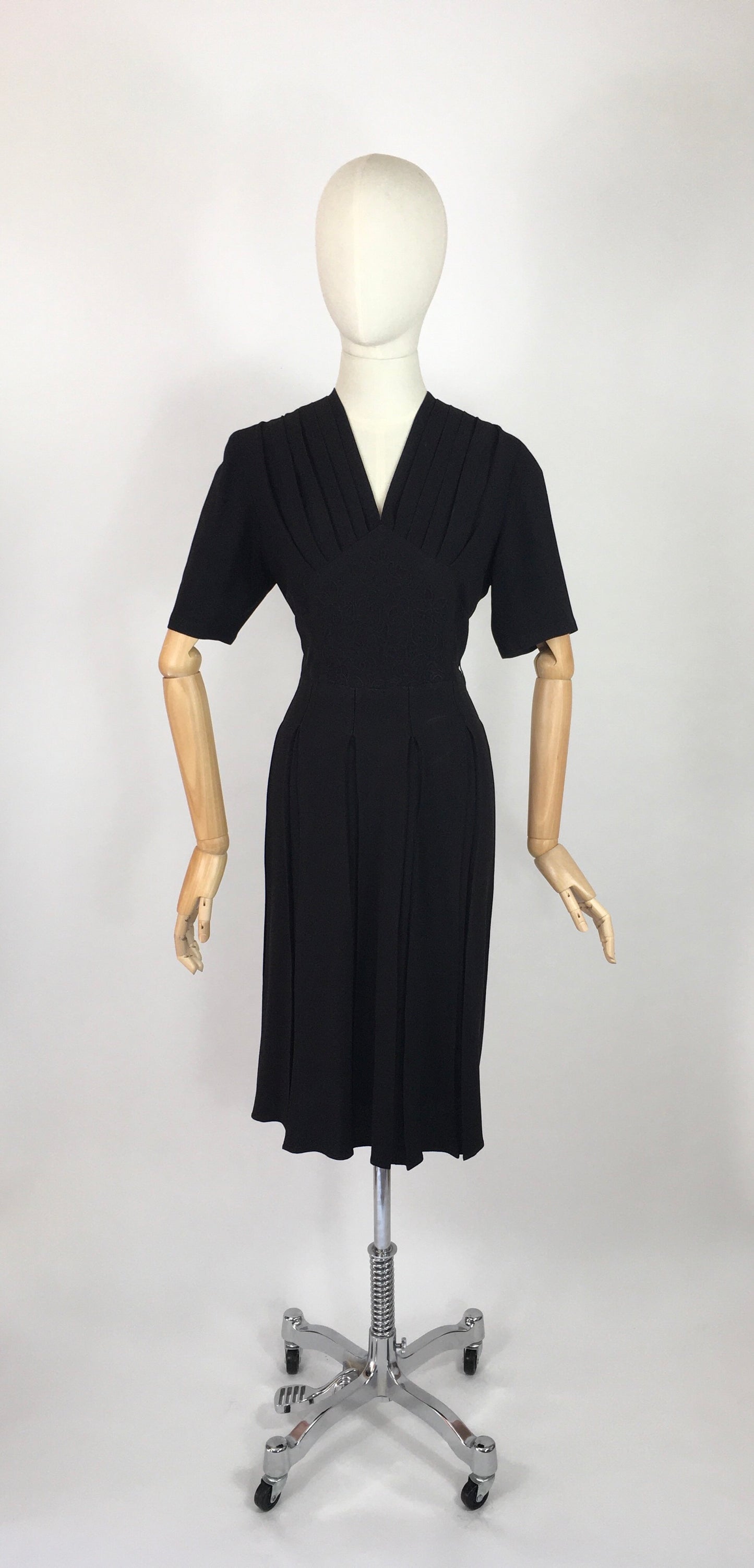 Original 1940’s Black Crepe Dress - With a Lovely Soutache Waist Panel Detailing