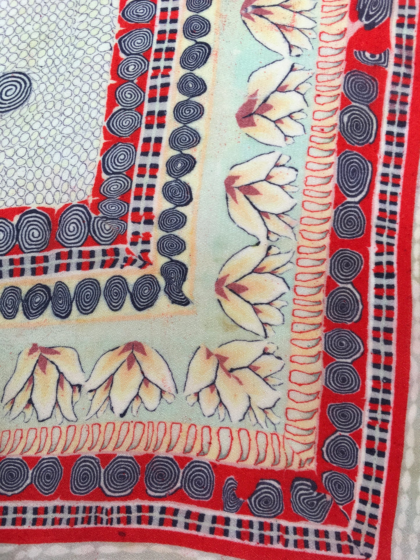 Original 1940’s / 1950’s Silk Hankie - In A Soft Colourway Of Beige, Red, Stencilled Black and Pale Duck egg