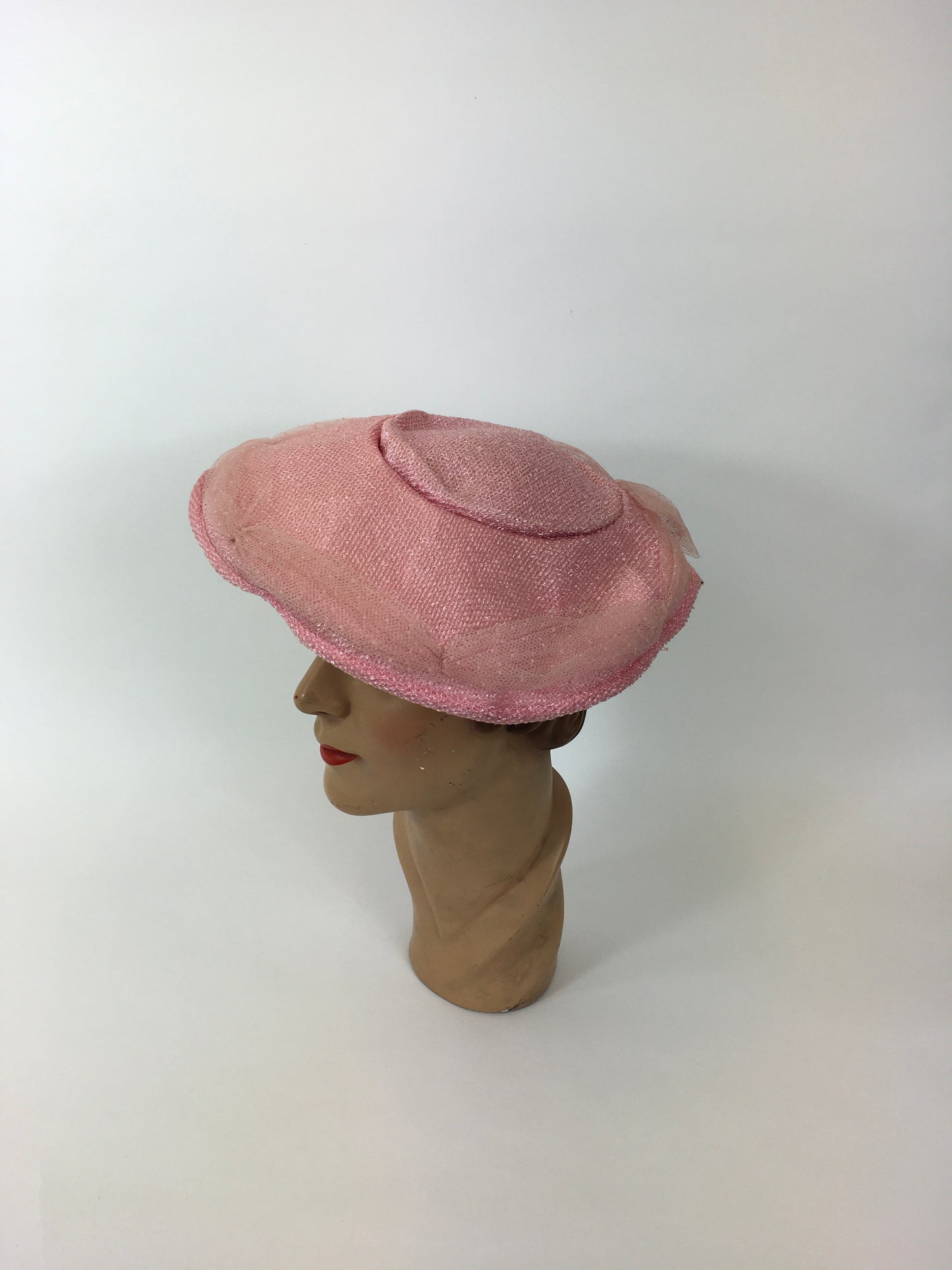 Original 1950’s Darling Powder Pink Platter Hat - With Attached Polka Dot Veiling and Bow