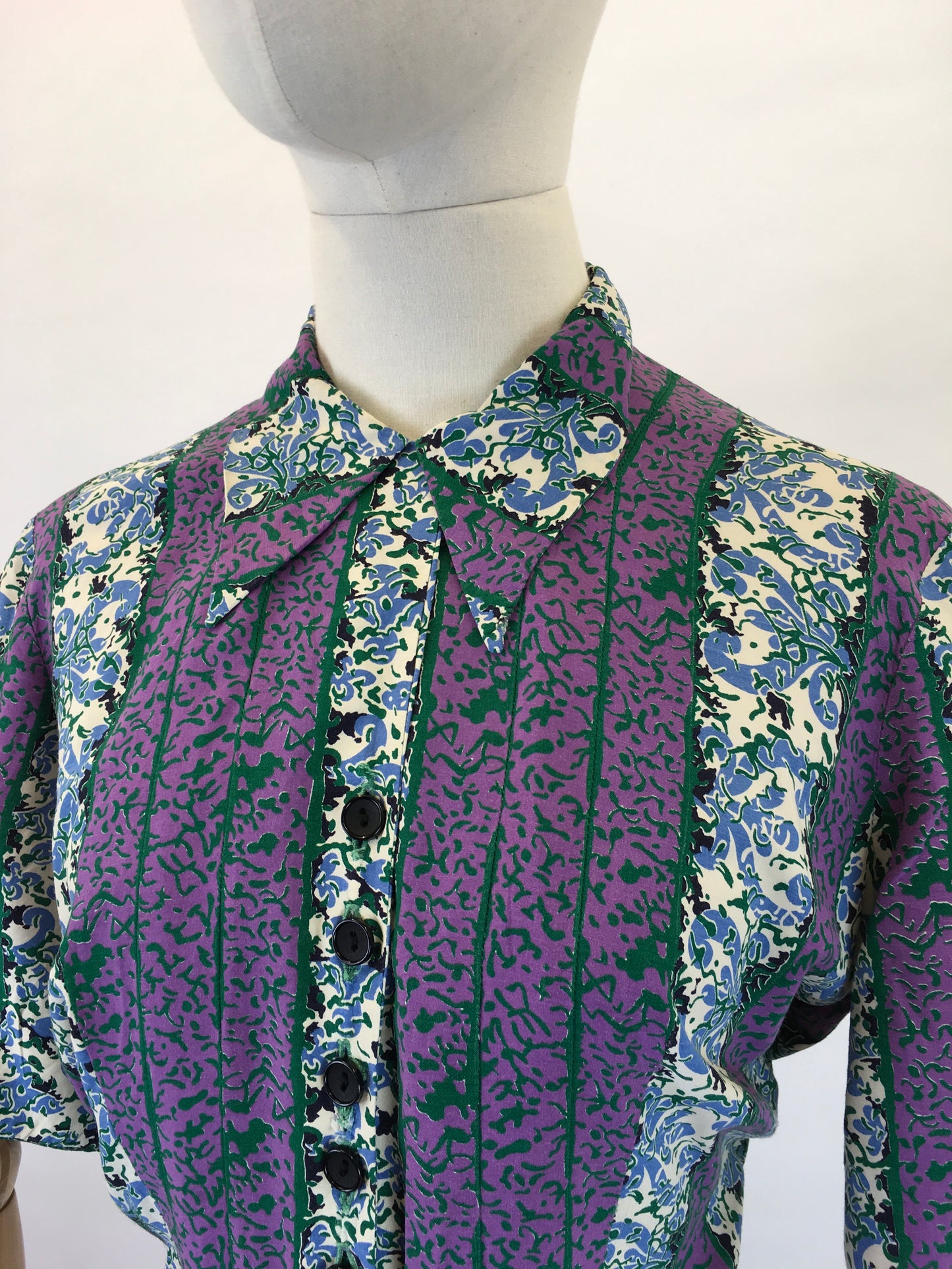 Original 1940s Rayon Dress - In Lovely Rich Purples, Greens and Whites with Florals and Stripes