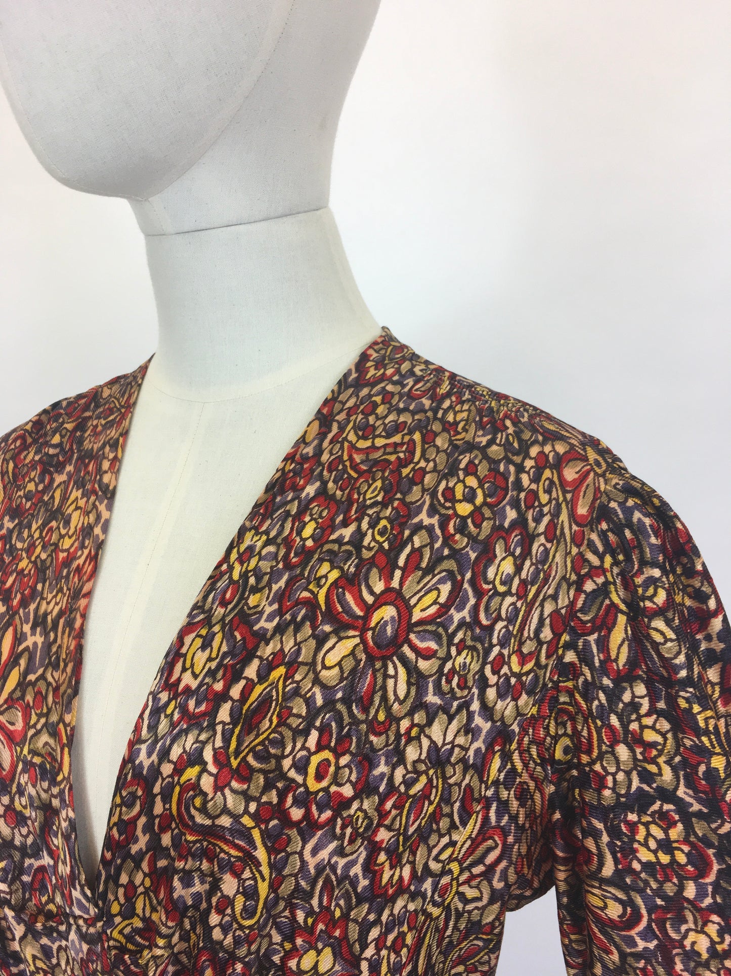 Original 1940’s STUNNING Rayon Jersey Dress AS IS - In Reds, Purples, Yellows & Navy