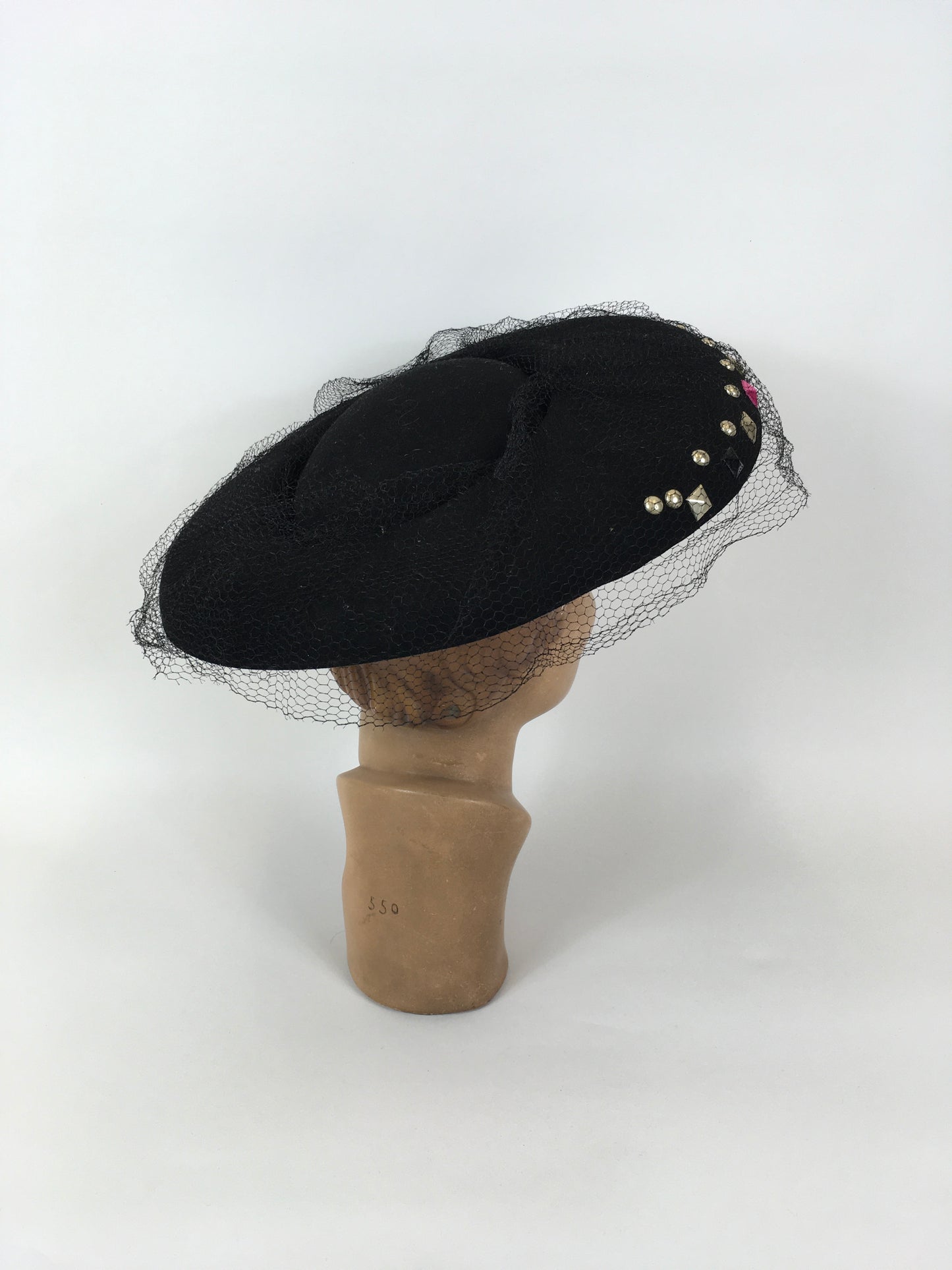 Original 1940’s SHOWSTOPPING Black Platter Hat - With Coloured Stud Work Detailing & Veiling