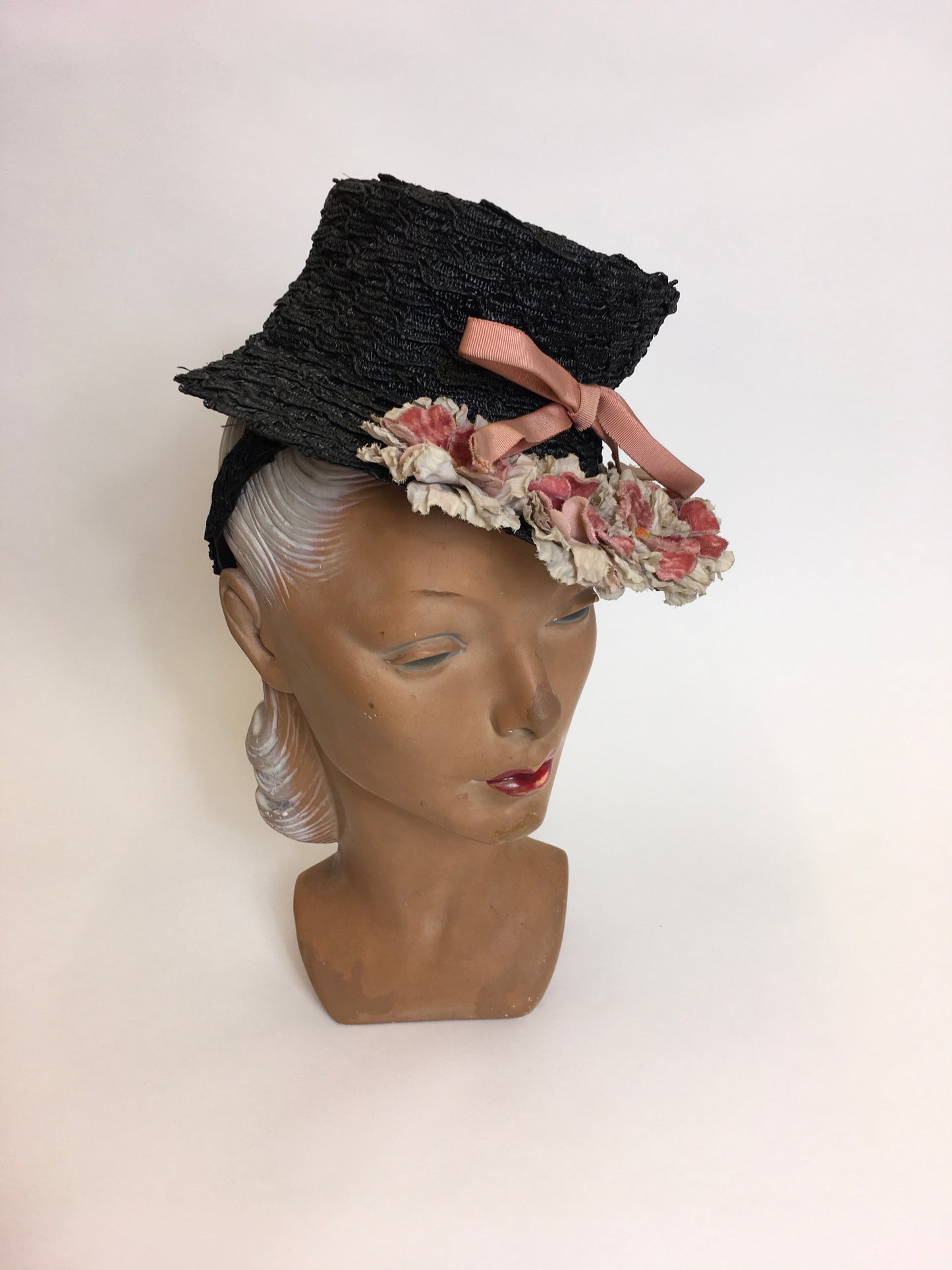 Original Stunning 1940’s Black Topper - Adorned with Pink & Grey Velvet Flowers & Leaves