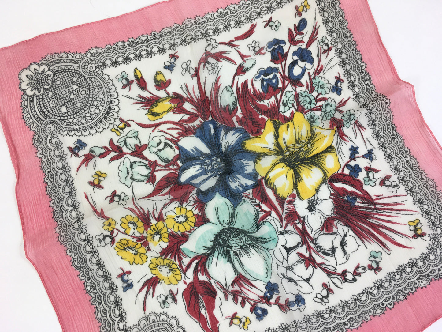 Vintage 1940’s Darling Floral Chiffon Large Hankie / Scarf - In A Springtime Meadow Colour Palette