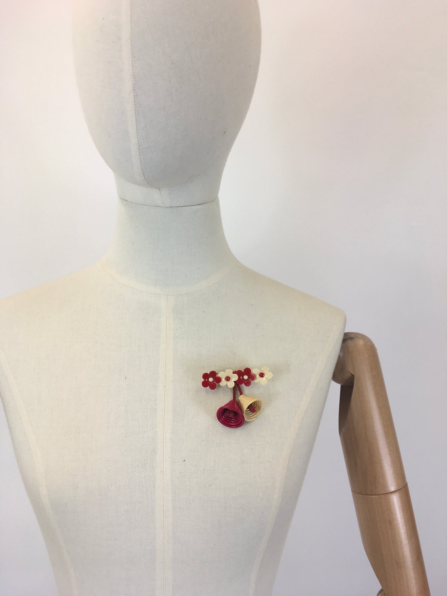 Original 1940's Celluloid Floral Bar Brooch - In Cream and Red with Dangling Bells
