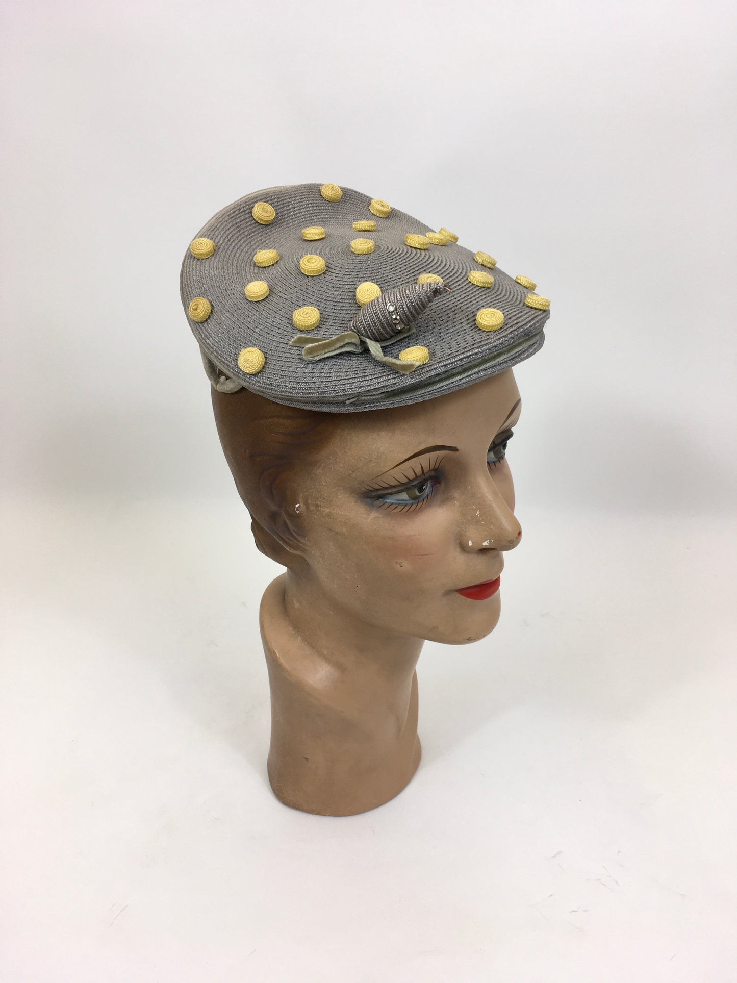 Original Late 1940's Stunning Headpiece - In Powder Grey & Primrose Yellow Polka Dots