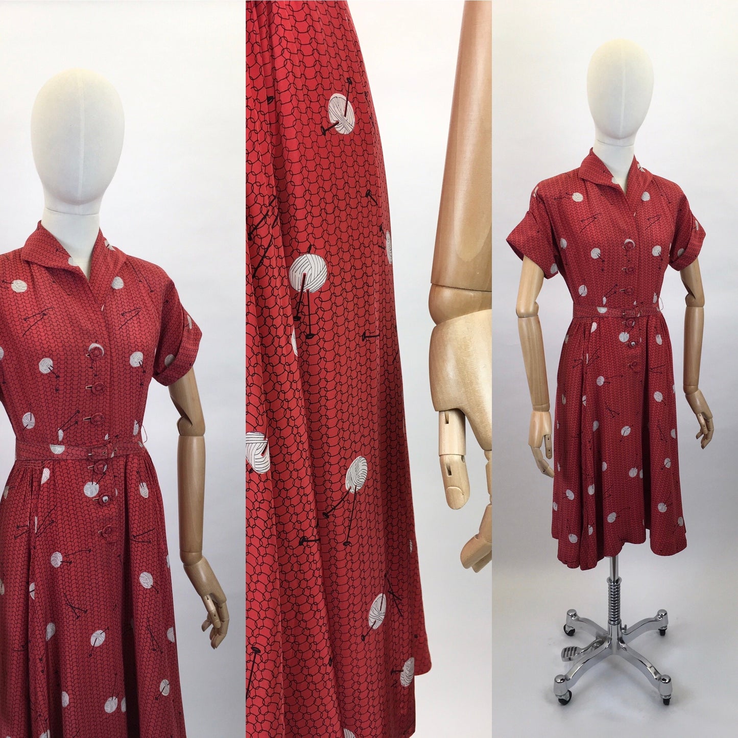 Original 1940’s ‘ Leslie Fay’ Novelty Print Rayon Dress - In a STUNNING knitting Needle and Yarn Print