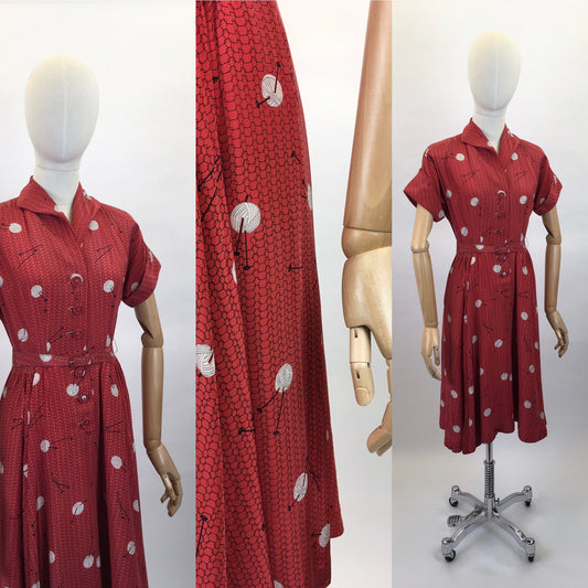 Original 1940’s ‘ Leslie Fay’ Novelty Print Rayon Dress - In a STUNNING knitting Needle and Yarn Print