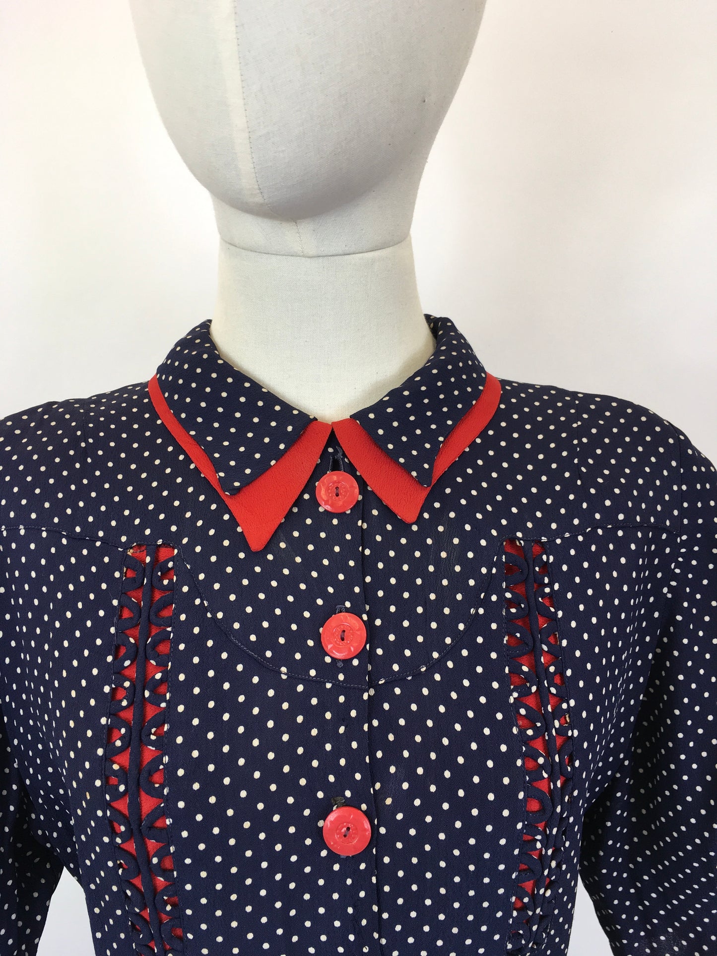 Original 1940's Sensational Volup Rayon Dress - In Navy, White & Red with Contrast Fretwork Embelishment
