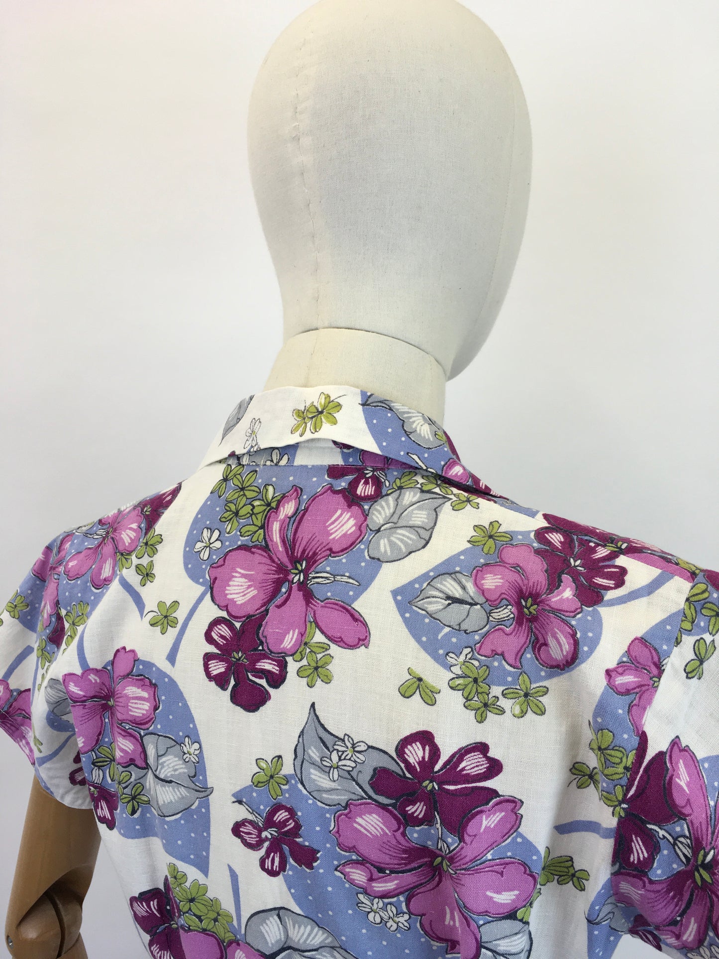 Original 1940's Lovely Cotton Day Dress - In Purple, Pink, Magenta and Green