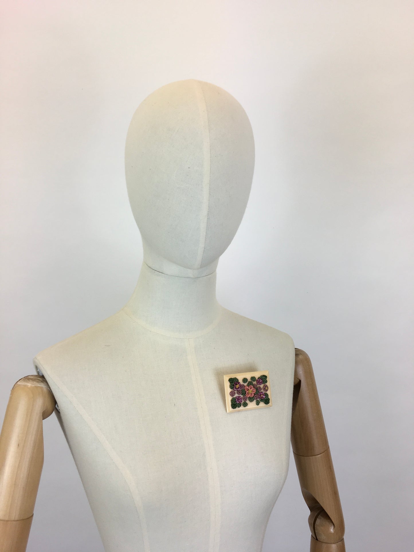 Original 1940’s Beautiful Soft Pink Lucite Brooch - With Hand-painted Flowers in Pinks, Violets and Green