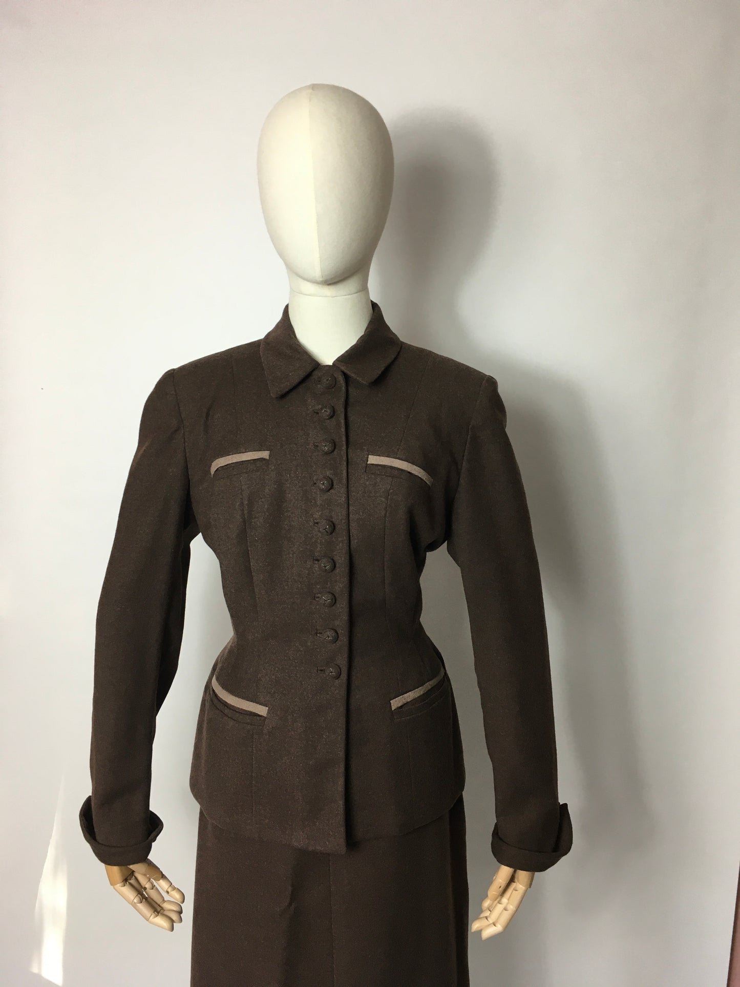 Original 1940’s 2pc Suit in A Lovely Brown Wool, Stunning Detailing and Seamwork