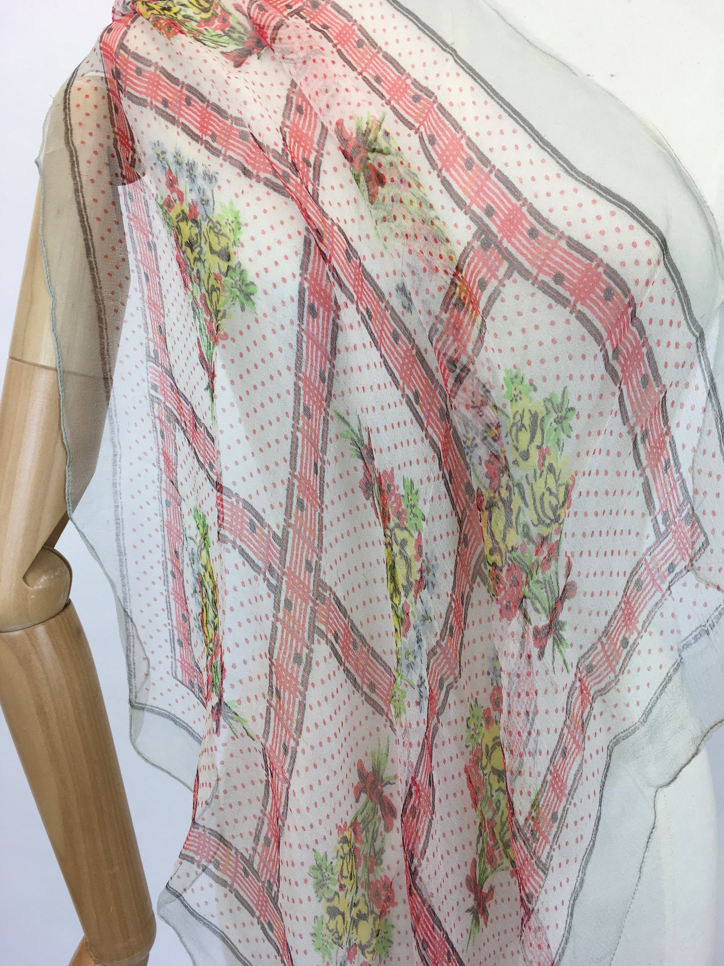 Original Early 1950’s Floral Chiffon Scarf - In Dainty Reds, Yellows, Greens and Blues