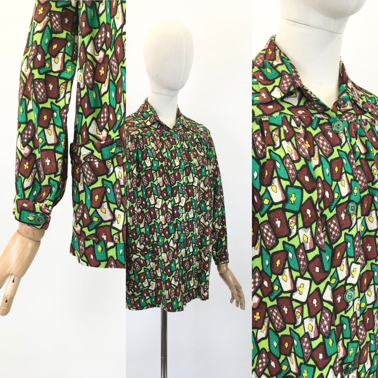Original 1940's Fabulous Novelty Print ' Playing Cards' Smock - In Chartreuse, Emerald Green, Yellow & Brown
