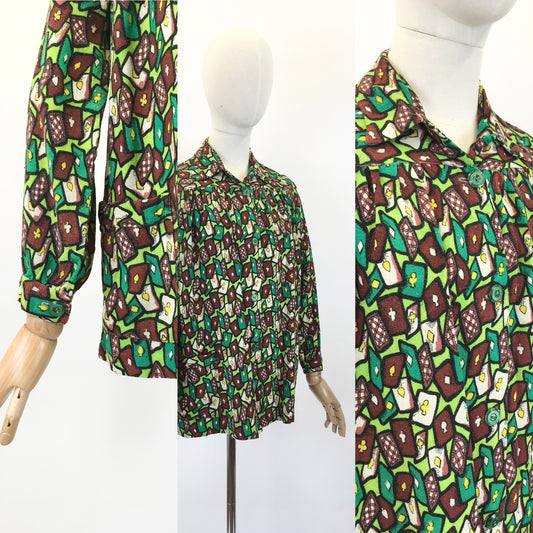 Original 1940's Fabulous Novelty Print ' Playing Cards' Smock - In Chartreuse, Emerald Green, Yellow & Brown
