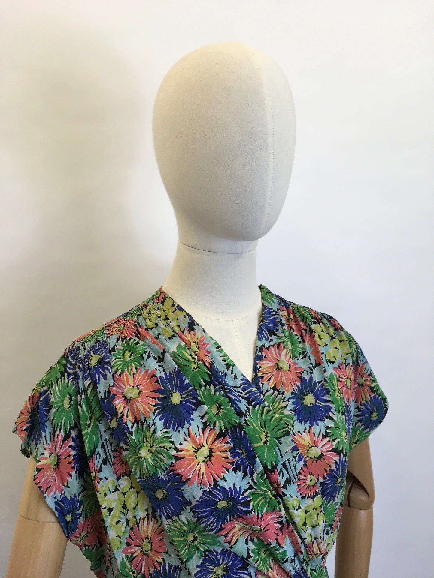 Original 1940’s STUNNING Floral Rayon Wrap Dress - Beautiful Waterfall Hip Swag