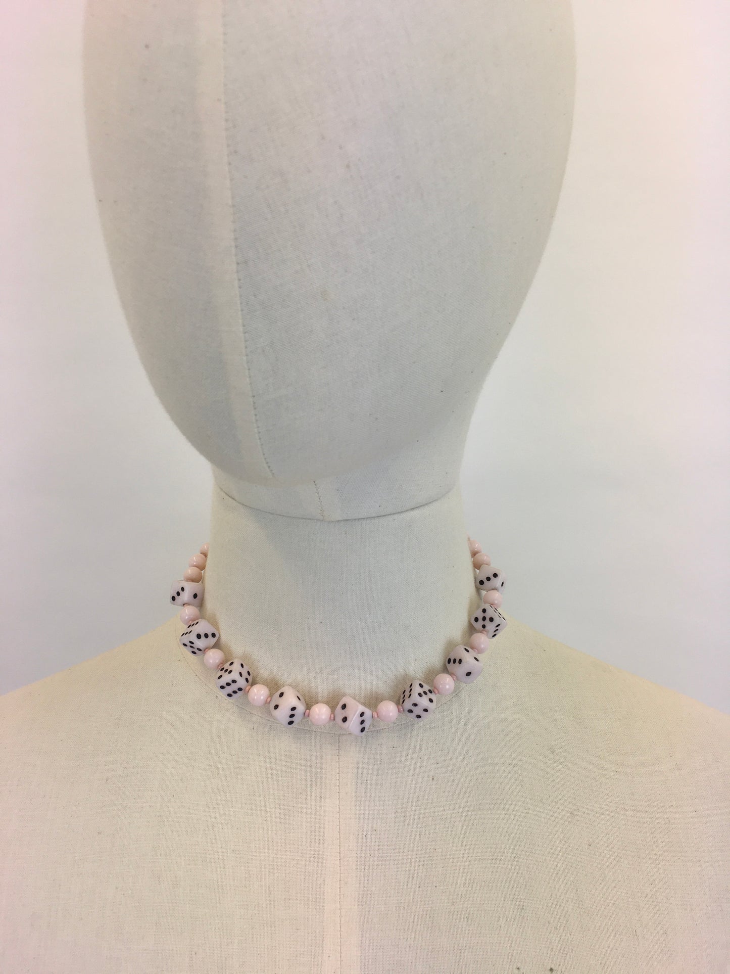 Original 1950s Pale Pink Novelty Dice Necklace - Made From Milk Bottle Glass