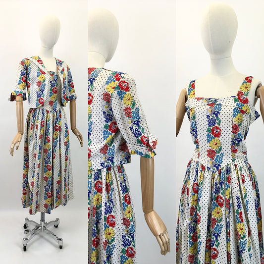 Original Stunning 1940's Sundress & Bolero - In A Bright Summer Floral Print Cotton
