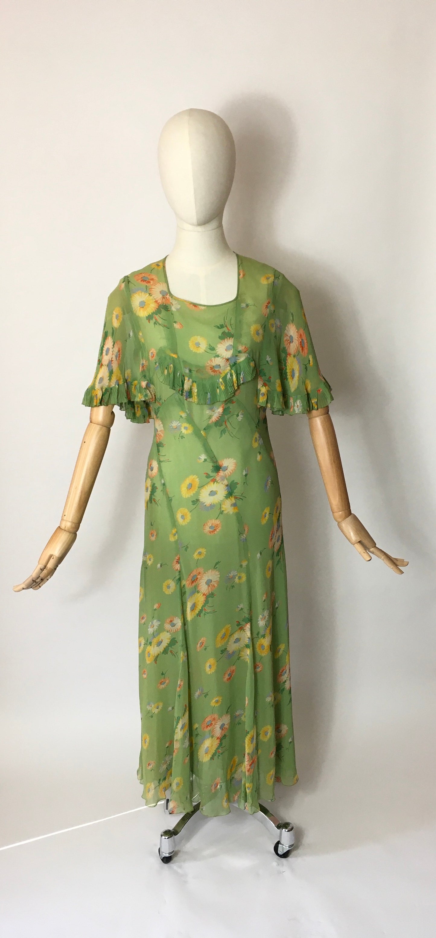 Original 1930’s Bias Cut Gown In An Exquisite Colour Pallet of Deco Green, soft blues, oranges and yellows - A Festival Of Vintage Fashion Show Exclusive