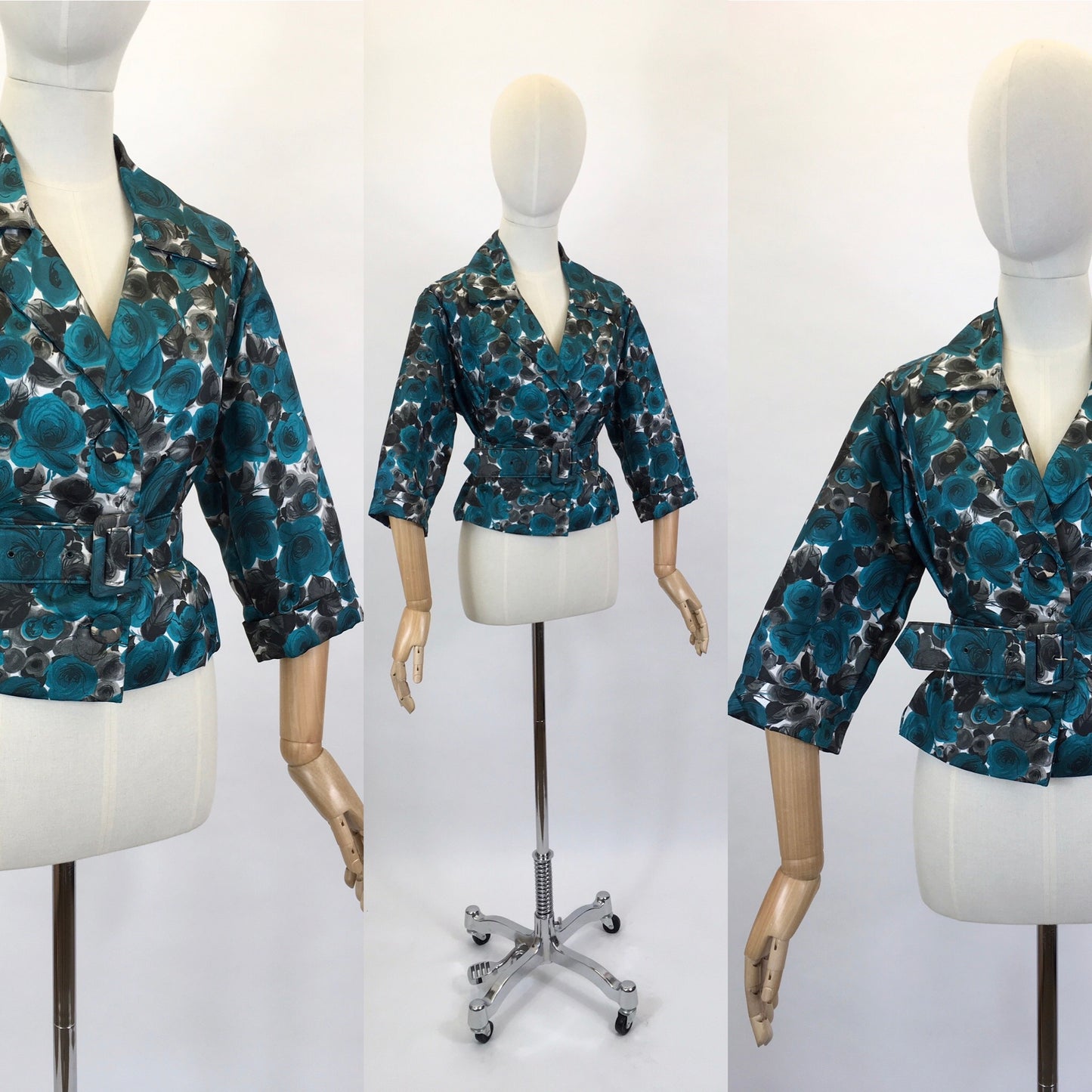 Original 1950’s Floral Jacket & Belt Set - In A Bright Turquoise, White and Charcoal