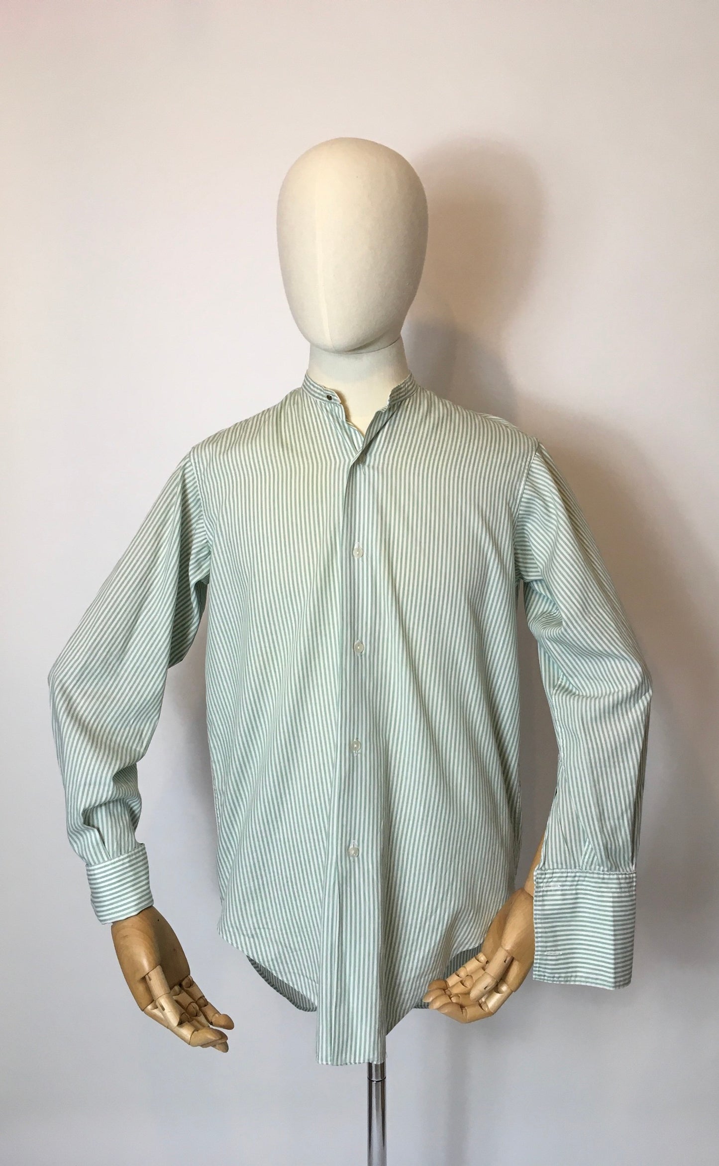 Original Gents Collarless Shirt with Double Cuff - In a Lovely Green and White Stripe