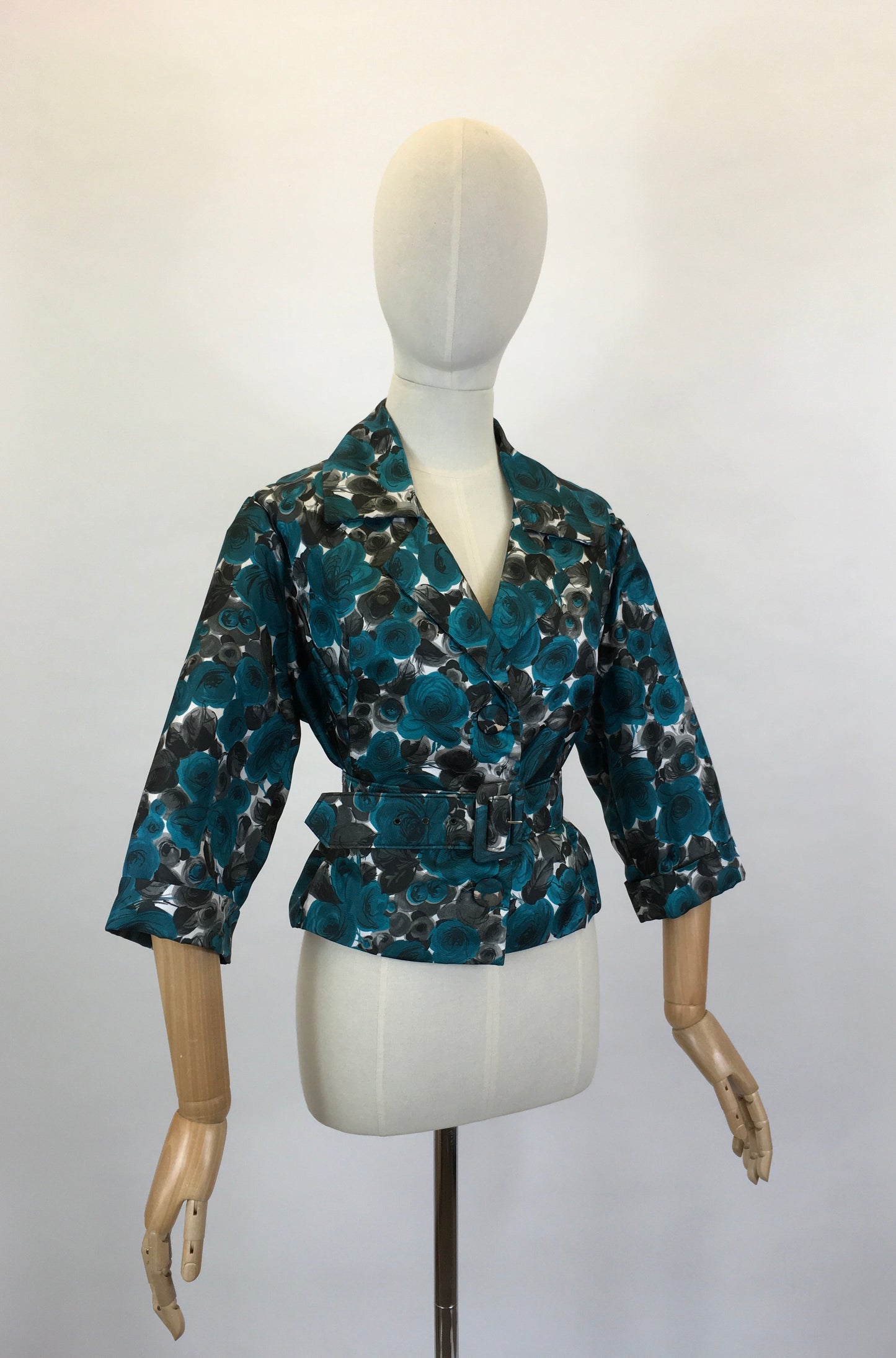 Original 1950’s Floral Jacket & Belt Set - In A Bright Turquoise, White and Charcoal