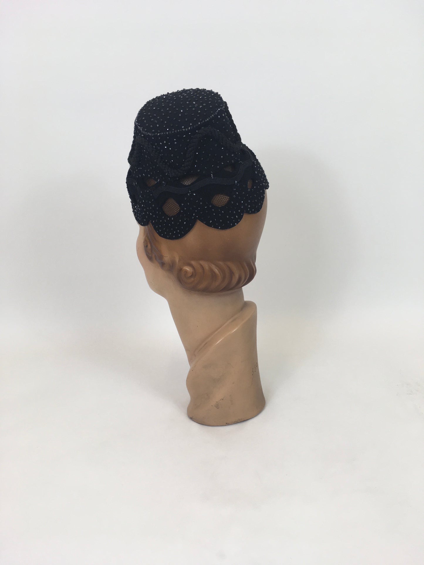 Original 1950's Fabulous Black Tilt hat - With Bugle Bead, Ric Rac and Netting Embellishment