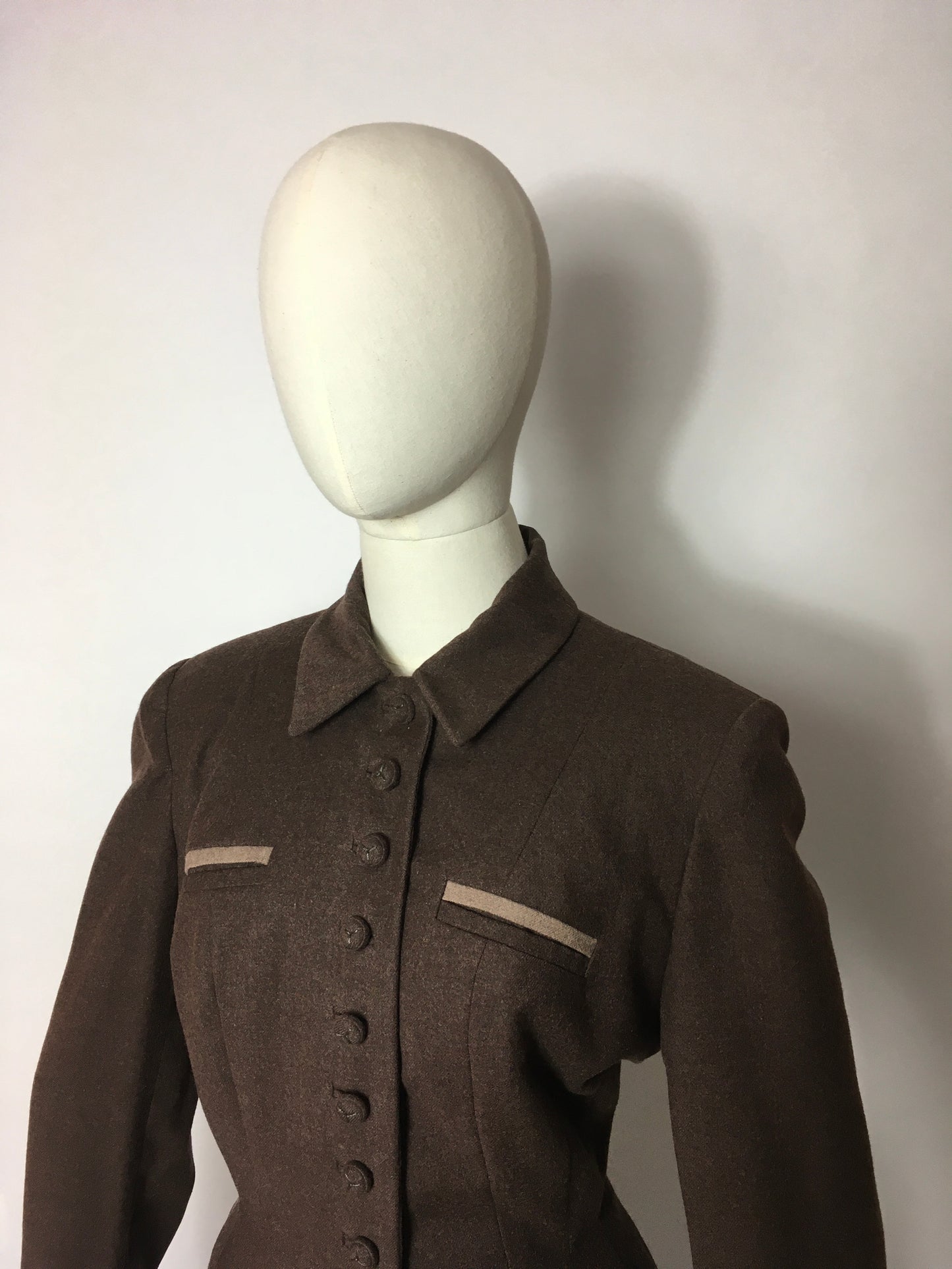 Original 1940’s 2pc Suit in A Lovely Brown Wool, Stunning Detailing and Seamwork