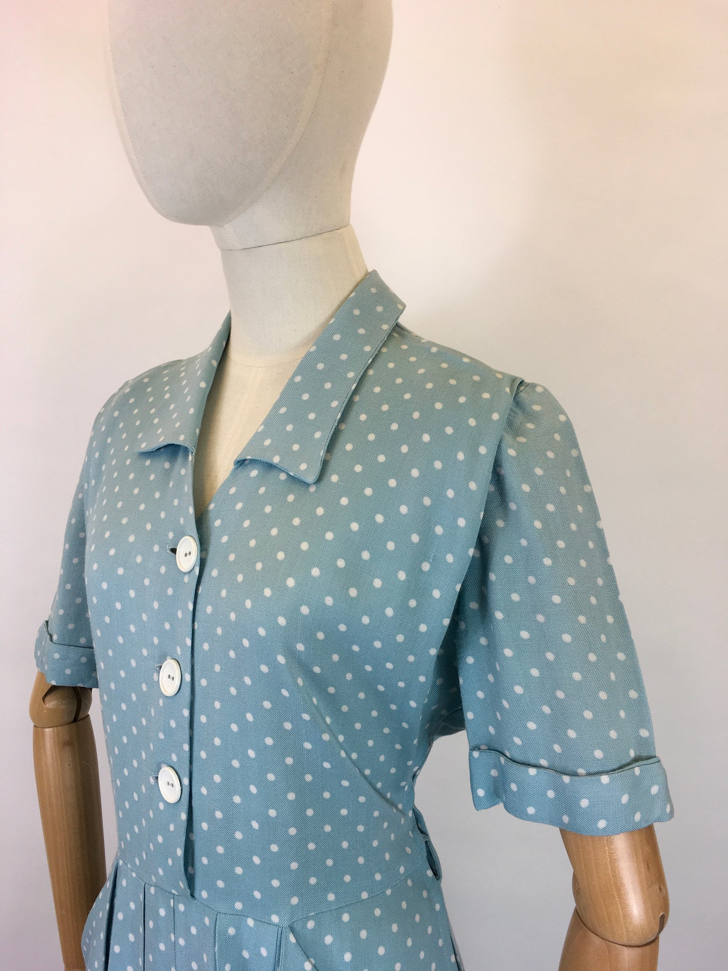 Original 1940’s STUNNING Day Dress - In A Soft Duck Egg Polka Dot Moygoshal Linen