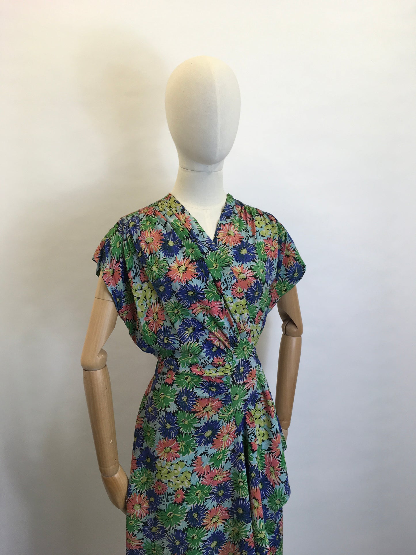 Original 1940’s STUNNING Floral Rayon Wrap Dress - Beautiful Waterfall Hip Swag