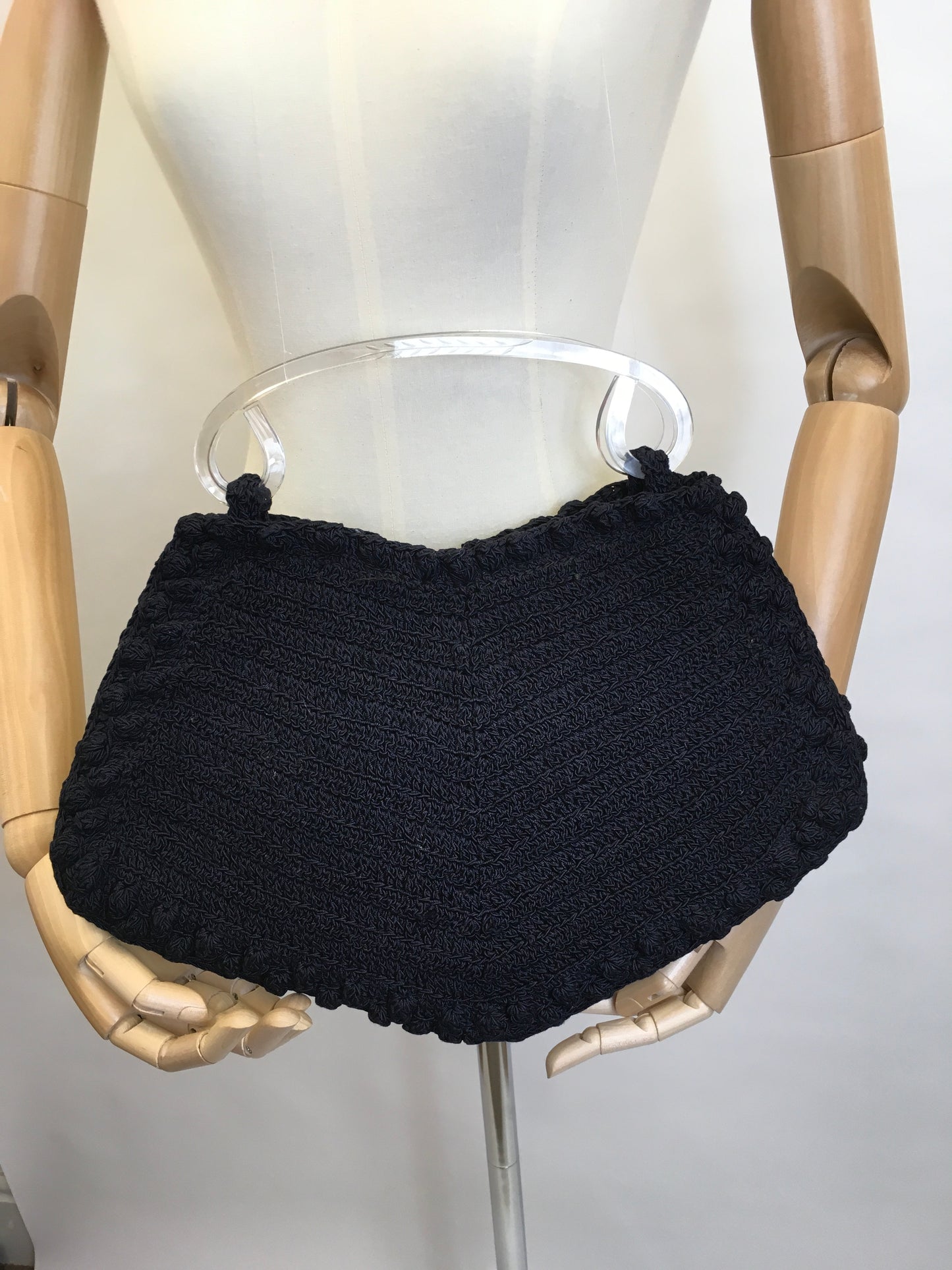 Original 1940’s Navy Crochet Bag in An unusual Shape -  With Gorgeous Lucite Handles