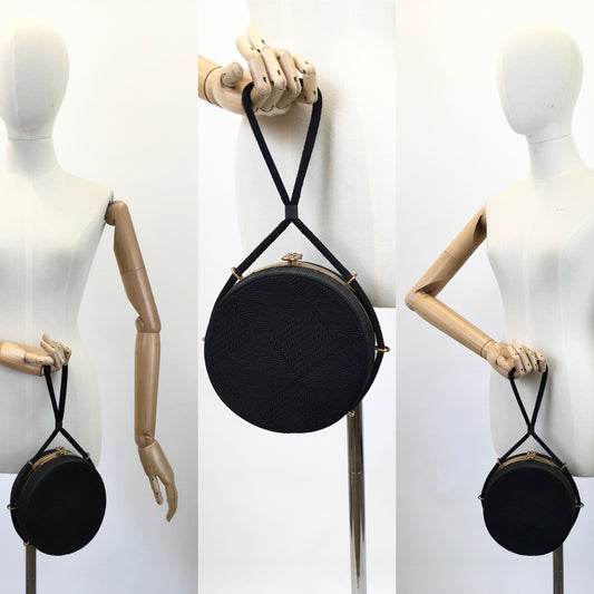 Original 1940's / 1950's Sensational Circular Corde Handbag - In Stencilled Black