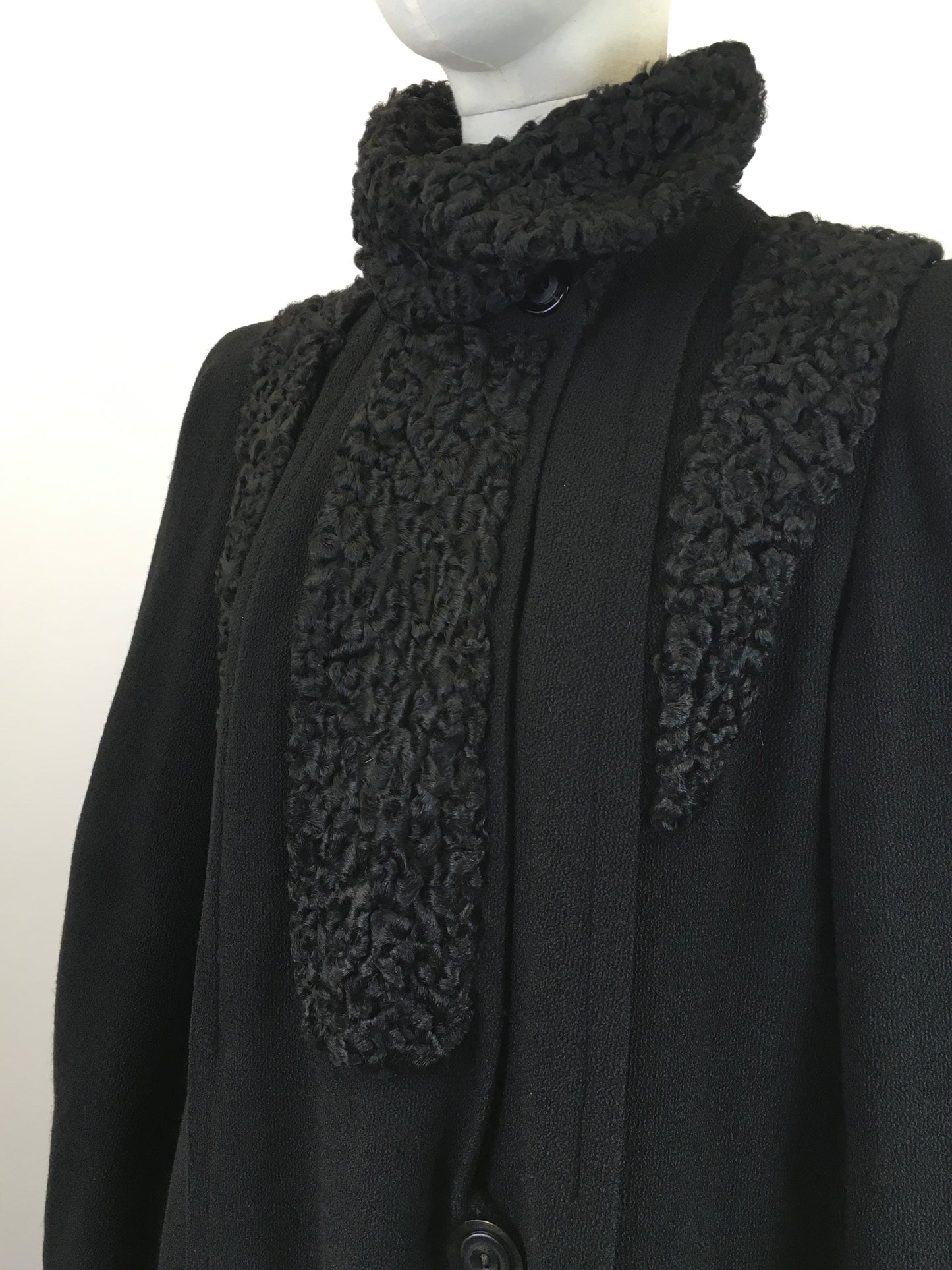 Original 1930's Sensational Black Coat - With Stunning Astrakhan Collar & Yokes