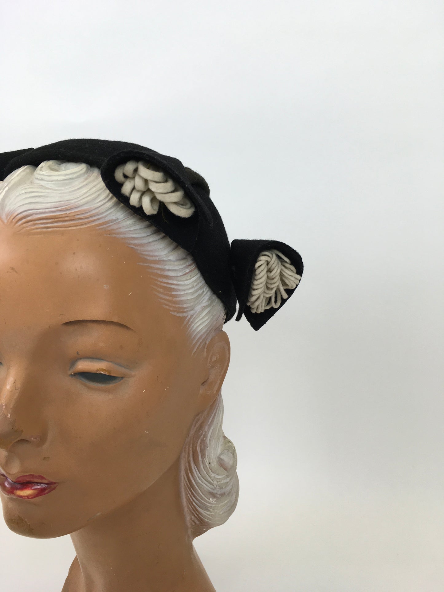 Original 1940s ‘ Henry Pollack ‘ Black Felt Hat - With Ivory and Black Felt Adornments
