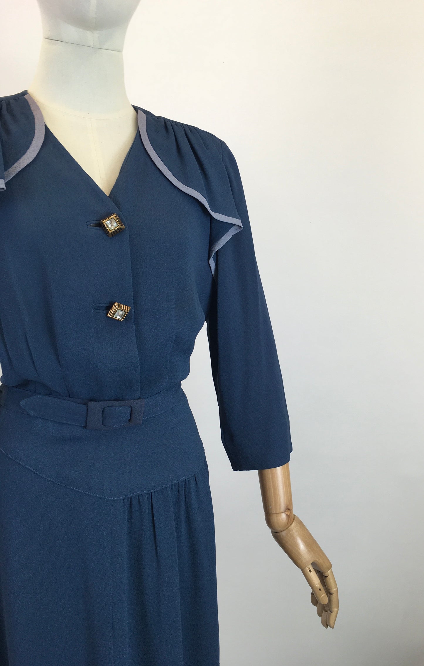 Original 1940's Sublime Two Tone Crepe Dress With Illusion Cape - In Contrast Airforce & Powder Blue