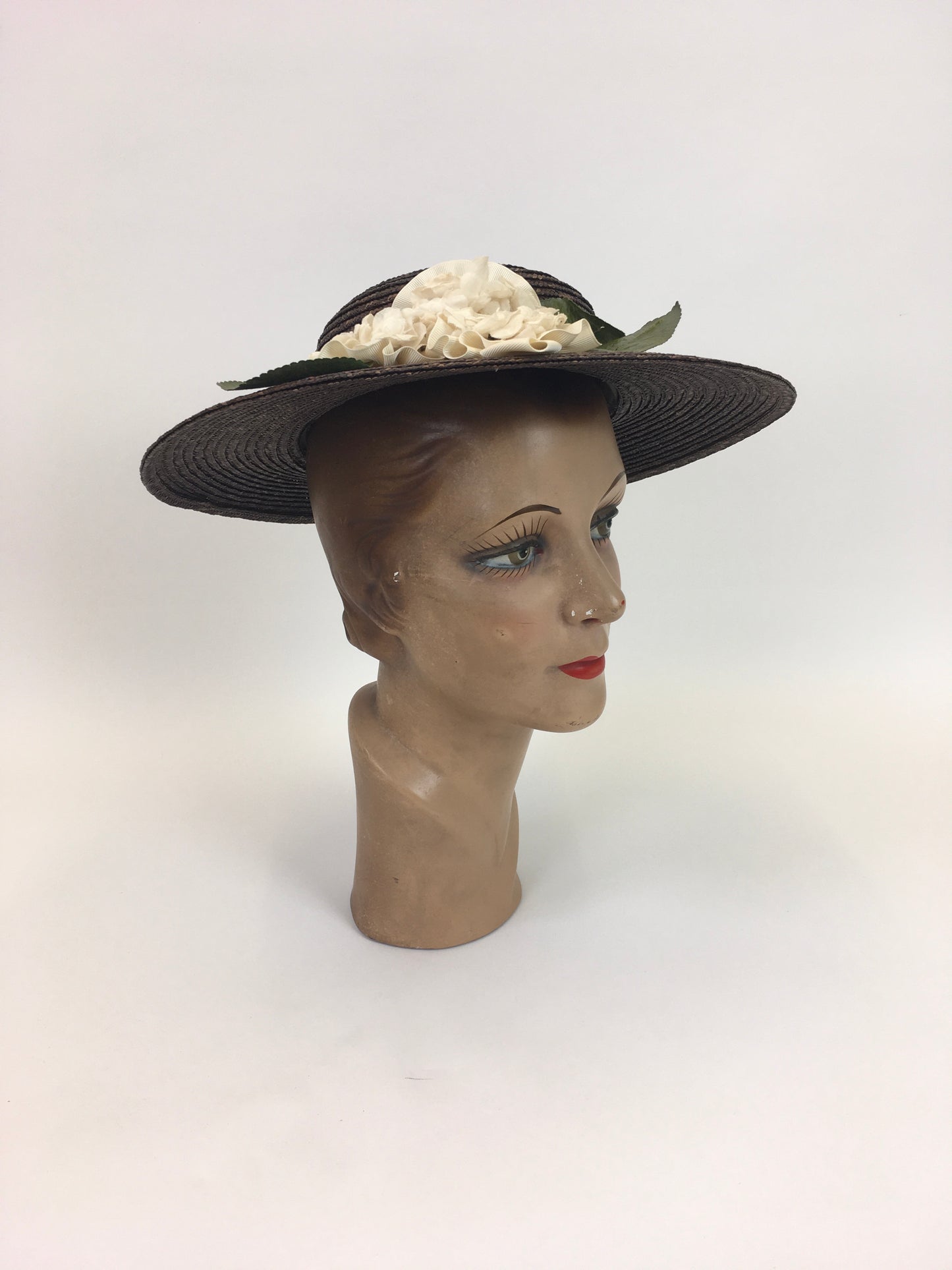 Original Late 1930's Early 1940's Fabulous Brown Straw Hat - With Delicate Cream Floral Millinery