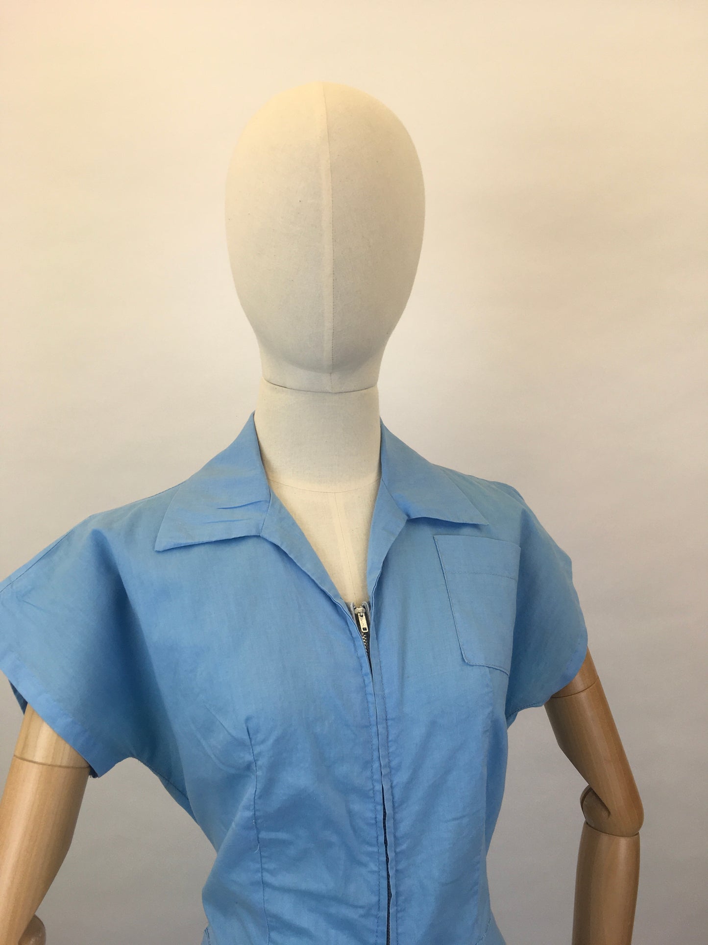 Original 1940’s Homemade Zip Front Playsuit - In a Lovely Sky Blue Cotton