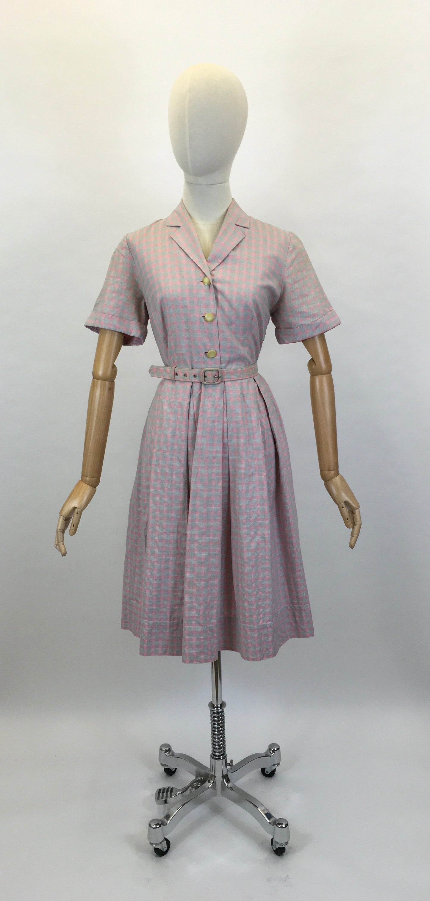 Original 1950’s Darling Cotton Day Dress - In A Muted Pink & Grey Check