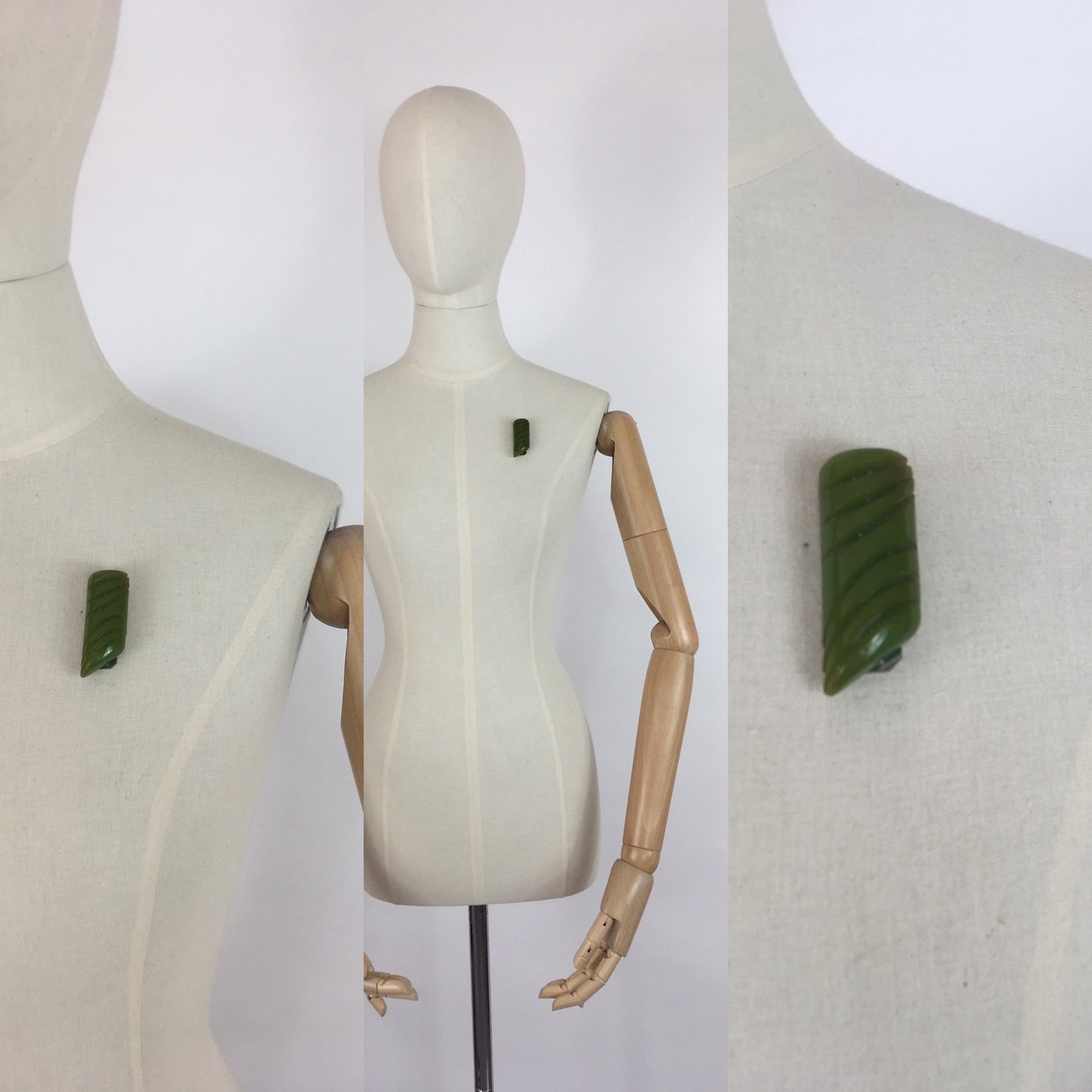 Original 1940s Green Carved Bakelite Dress Clip - Lovely Markings