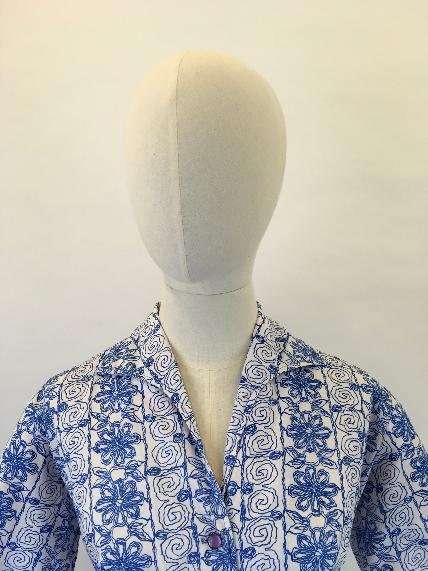 Original 1950s Cotton Day Dress - In a Lovely Cobalt Blue and White Scribble Fabric