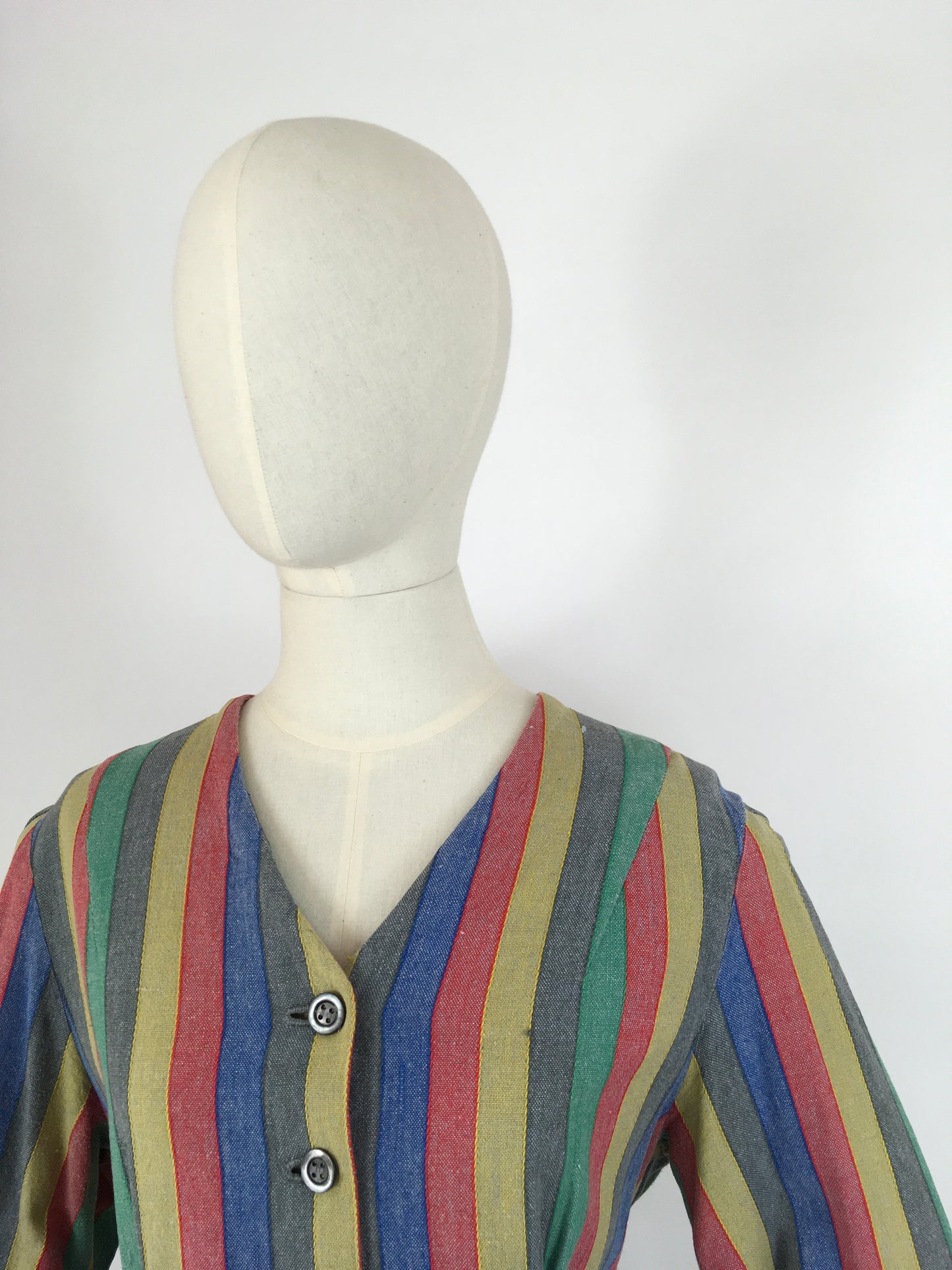 Original Late 1930s Day Dress - In a Fabulous Heavyweight Linen in a Rainbow Stripe with Contrast Chevron Pattern