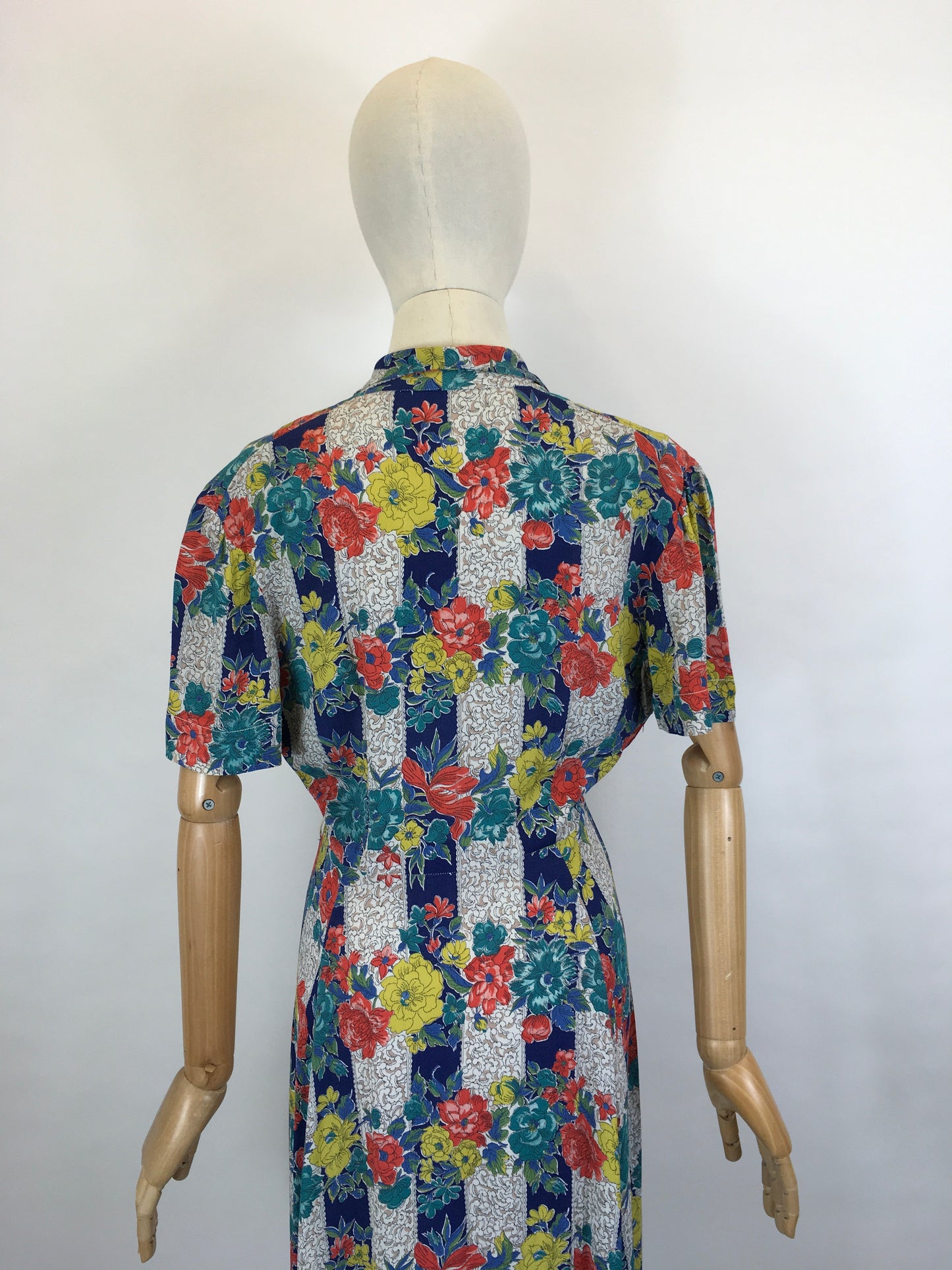 Original 1940’s STUNNING Fine Crepe Day Dress - Floral Brights in Reds, Blues, Chartreuse, Peacock and Fawns