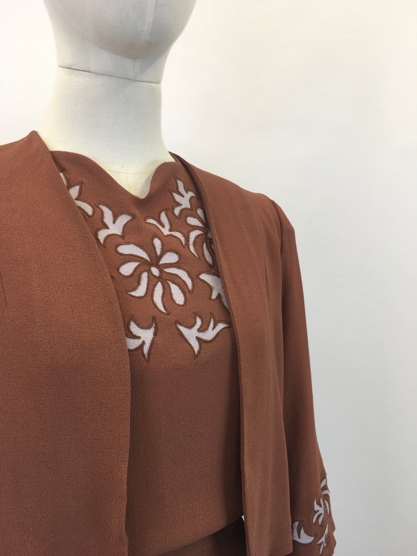 Original 1940's Darling 2Pc Dress & Bolero Set - In A Soft Brown With Grey Accents